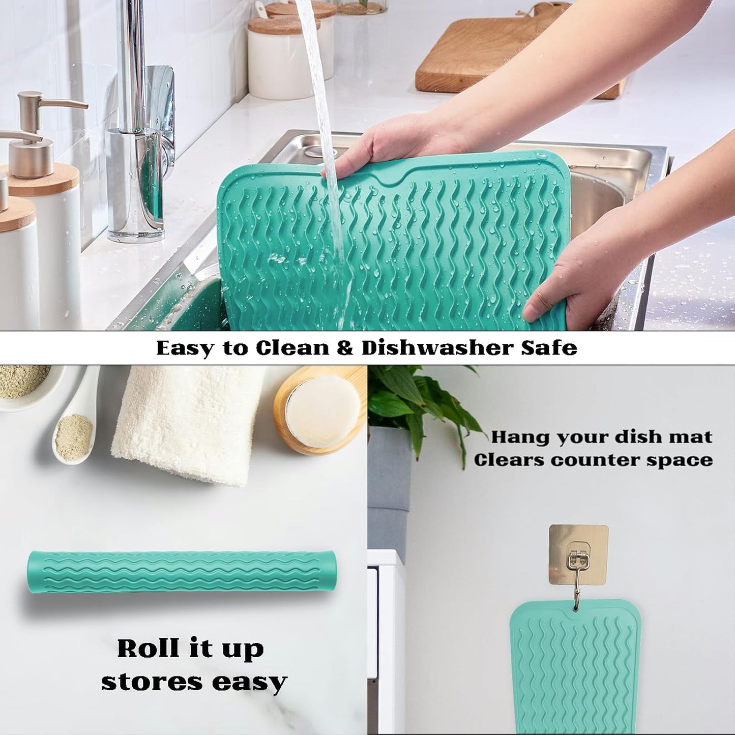 ZLR Silicone Dish Drying Mat for Kitchen Counter, Eco-Friendly Fast Dry Dish Mat, Easy Clean Multi Usage Drying Matt, Heat Resistant Trivet, 12" x 12" Middle, Mint Green