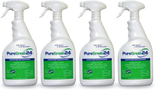PureGreen24 Safe & Effective Disinfectant. Kills Deadly Germs including RSV Norovirus MRSA Staph 2025 flu Bird Flu Contains No Toxic Chemicals Odorless Child & Pet Safe (4) 32oz Spray Bottles