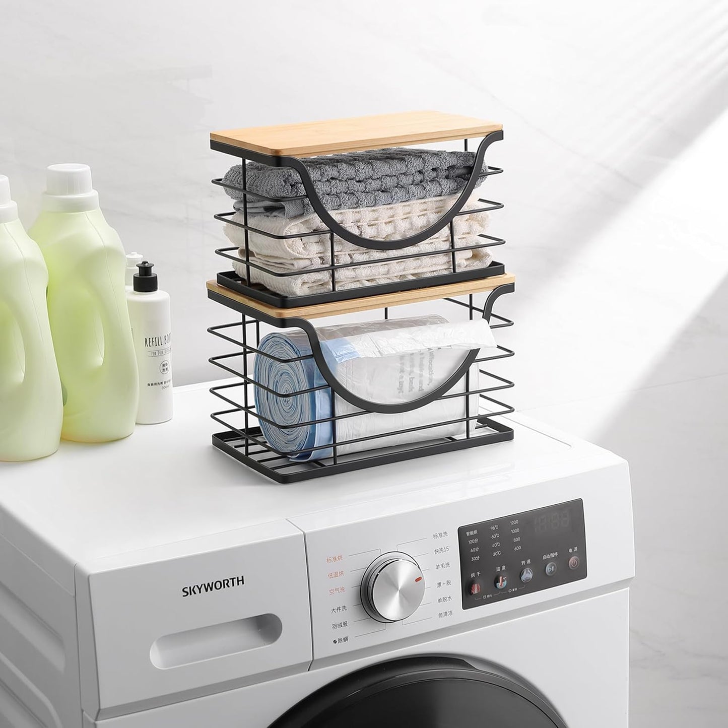 Extra Large Trash Bag Holder Under Sink 2 Pack Stackable Kitchen Storage with Bamboo Lid, Garbage Bag Dispenser Roll Holder, Pantry Organizers Wall Mounted Laundry Room Organization Storage