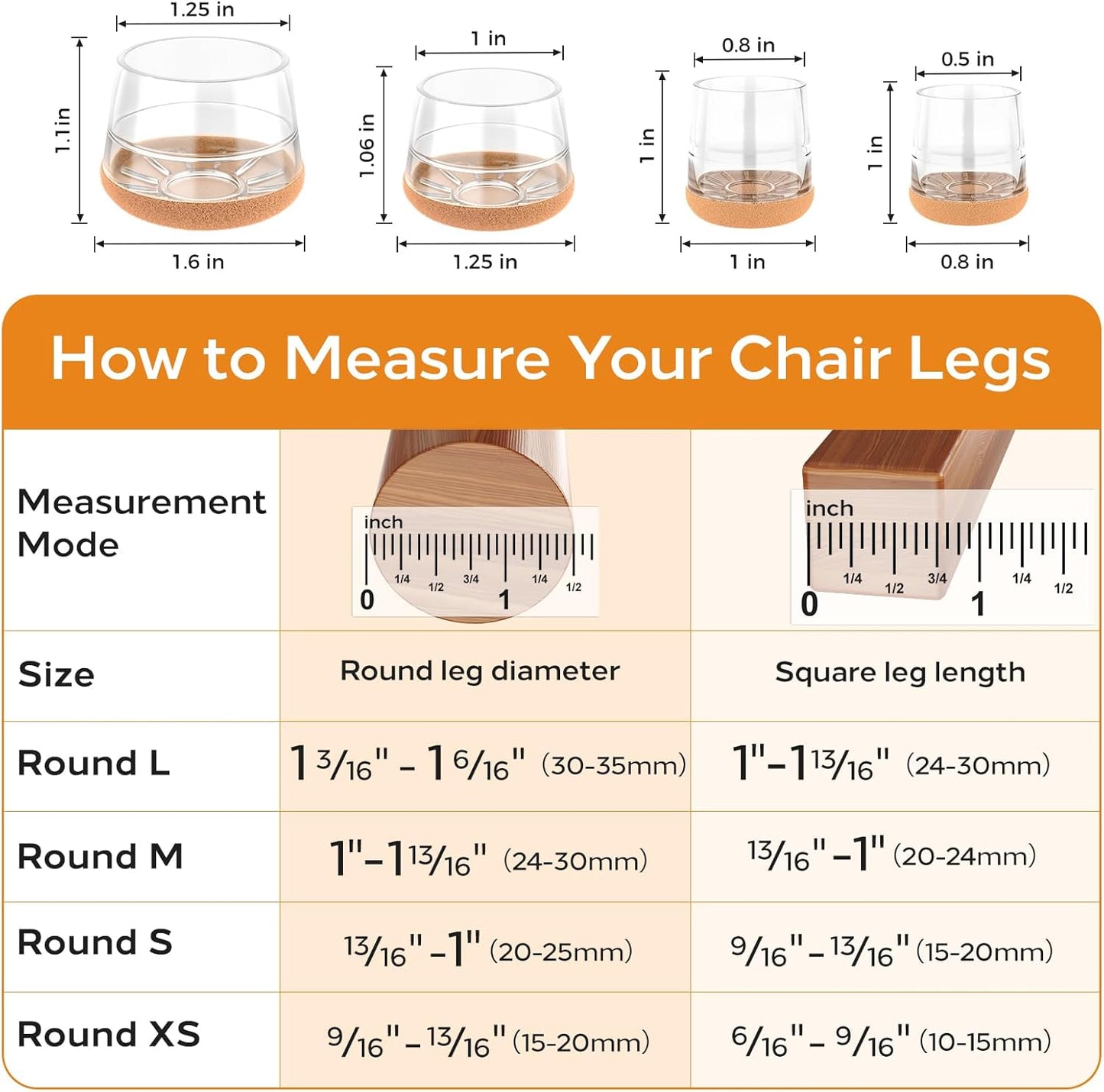 24 PCS Silicone & Felt Chair Leg Floor Protectors for Hardwood Floors - Furniture Pads, Chair Leg Covers/Cups - No Noise & Scratch-Proof - Round M (Fits 1"-1 3/16" / 24-30mm), Clear