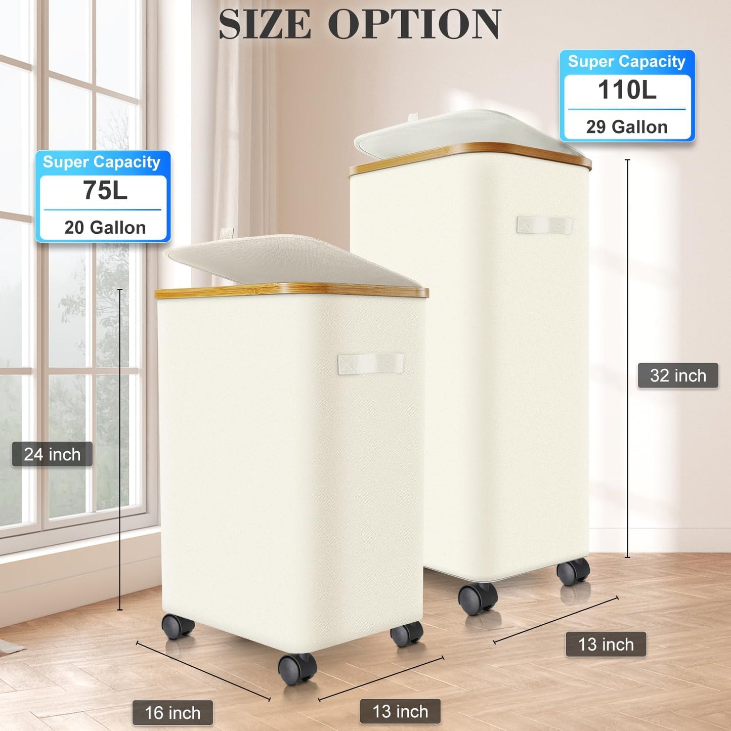 Laundry Hamper with Wheels,29 Gal (110L) Laundry Basket with lid Rolling Clothes Hamper Foldable Dirty Clothes Basket on wheels with Bamboo Frame and Bag for Bedroom, Dorm, Laundry Room-White