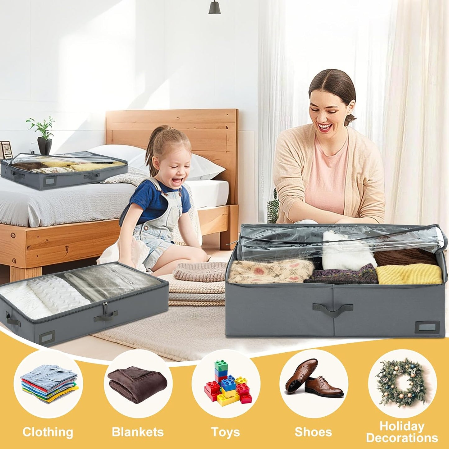 6-Inch Under Bed Storage Containers (2-Pack) | Sturdy Sidewalls | Clear Cover & Label Holder | Foldable Closet Organizer | Stores Clothing/Blankets/Sweaters/Sheets