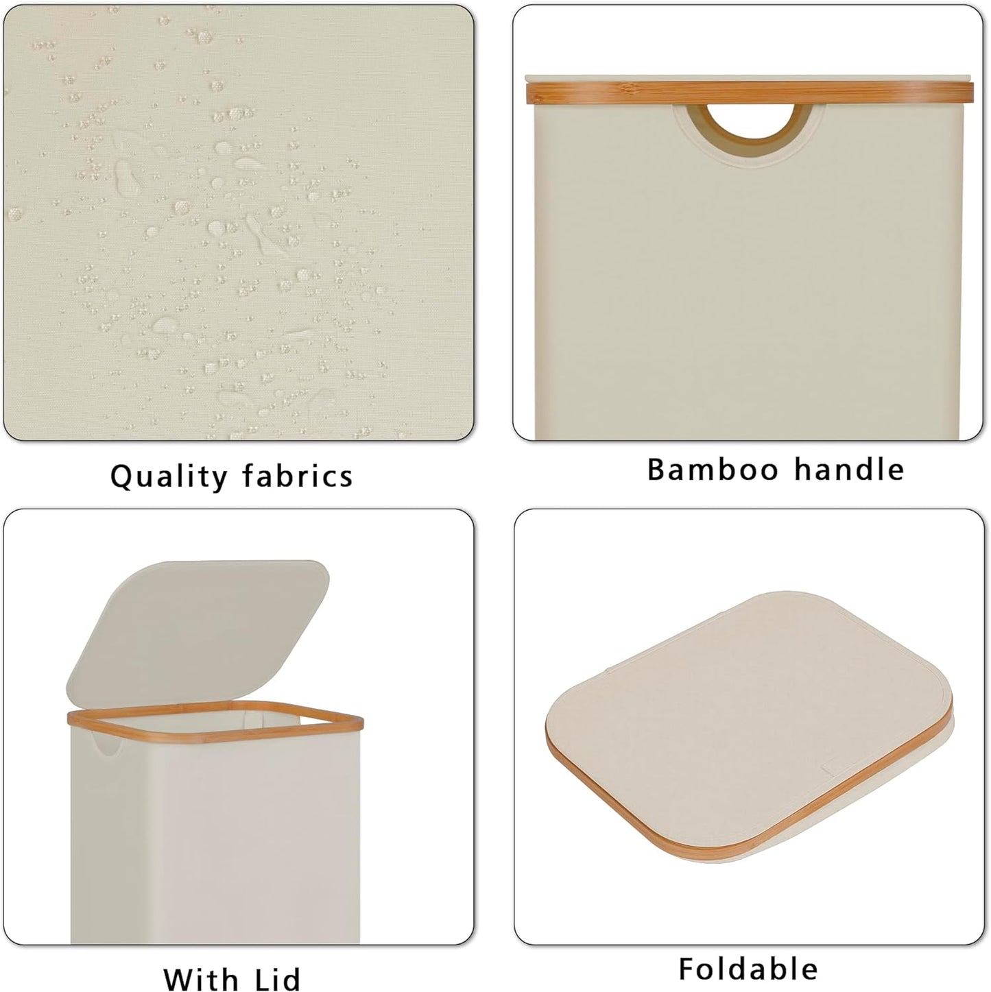 100L Laundry Hamper with Lid, Lagre Basket with Bamboo Handles,Foldable Clothes Hamper Tall Dirty Laundry Basket for Clothes Toys Towels Organizing,Beige