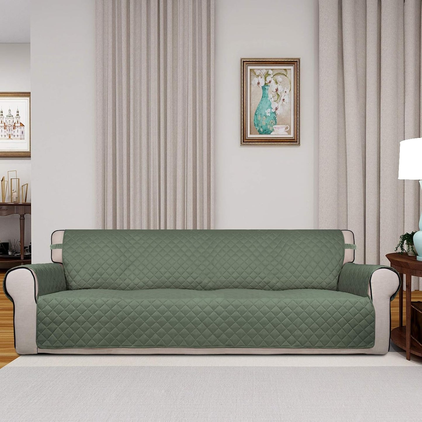 PureFit Reversible Quilted Sofa Cover, Water Resistant Slipcover Furniture Protector, Washable Couch Cover with Non Slip and Elastic Straps for Kids, Dogs, Pets (XX Large, Greyish Green/Beige)