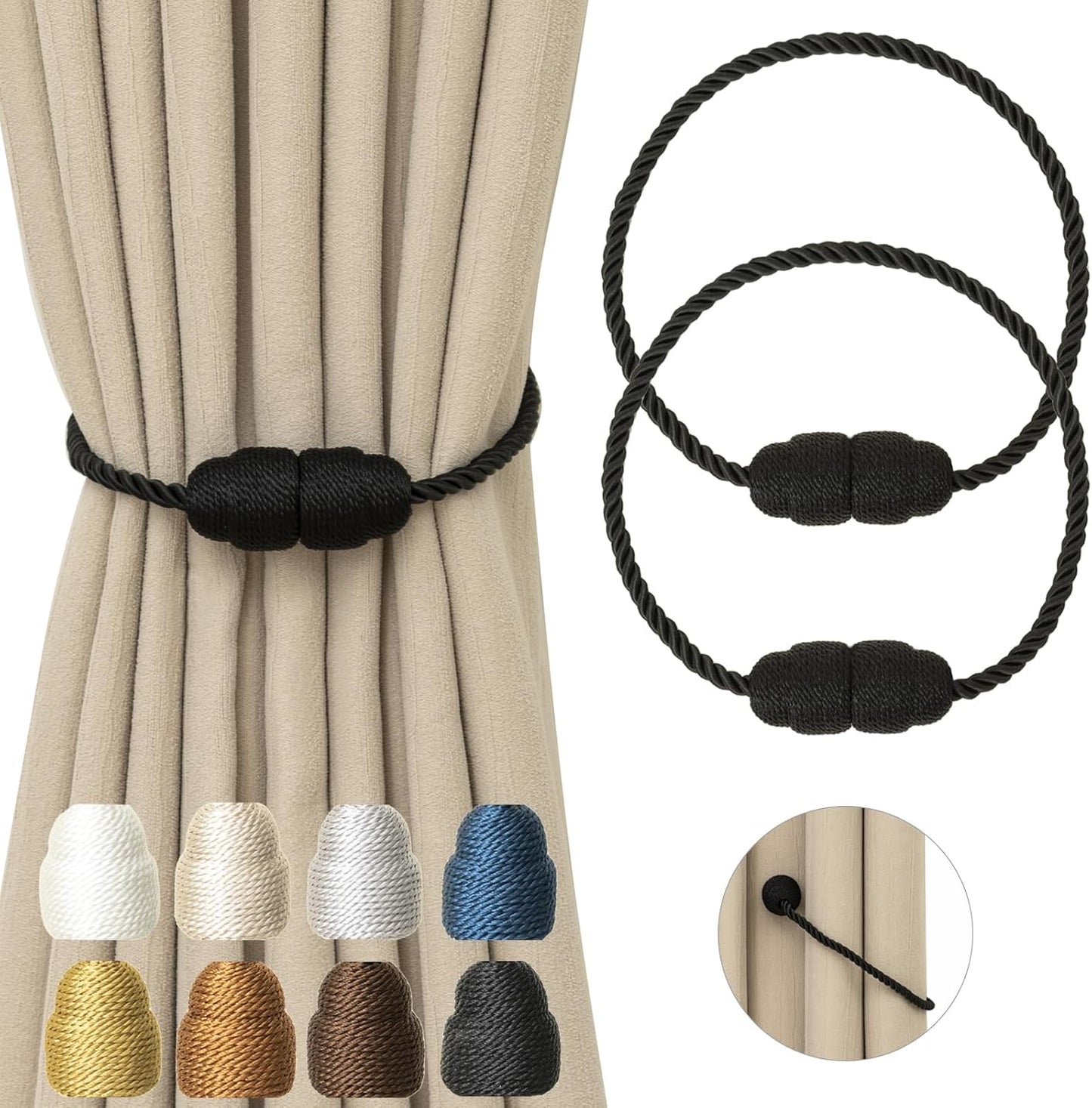 Magnetic Curtain Tiebacks - 2 Pack Rope Curtain Tiebacks for Drapes and Decorative Window Holdbacks, Black