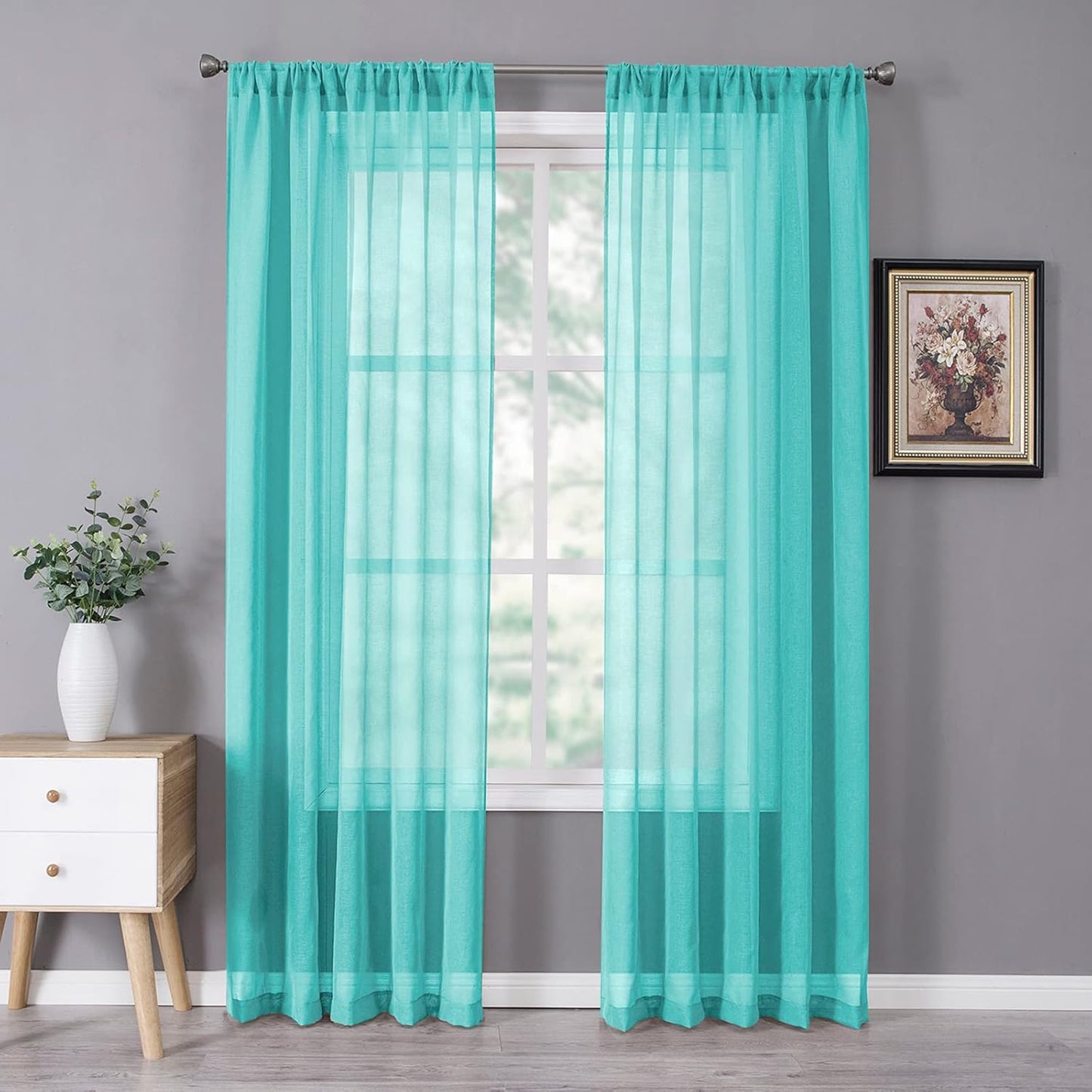 Tollpiz Sheer Curtains Linen Textured Bedroom Curtain Sheers Light Filtering Rod Pocket Voile Curtains for Living Room, 54 x 84 inches Long, Aqua Blue, Set of 2 Panels
