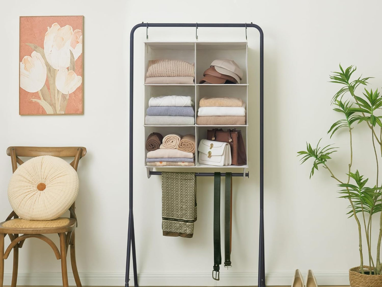 StorageWorks Hanging Closet Organizer with Metal Rod, 6-Section Closet Organizers and Storage, Collapsible Hanging Shelves for Baby Clothes, Shoes, Sweater Storage, Ivory and White