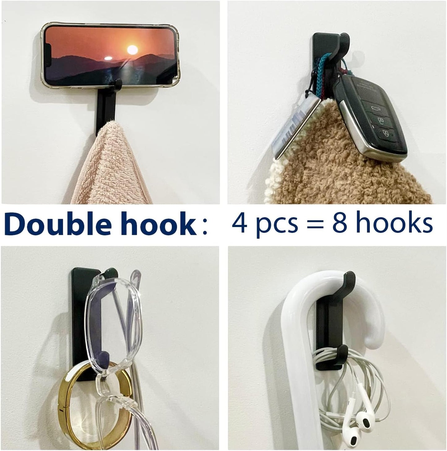 Wall Hooks for Coat and Towel: 13LB Adhesive Door Hanger Stick on, Black 4 Pack