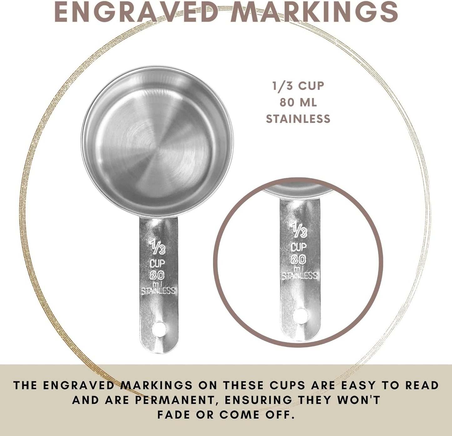 1/3 Cup Stainless Steel Measuring Cup | Sturdy Metal 80 ml | 80 cc | 3 oz | Single Cup for Wet and Dry Ingredients | Great for use as 1/3 Cup Dog Food Scoop - 12 PK