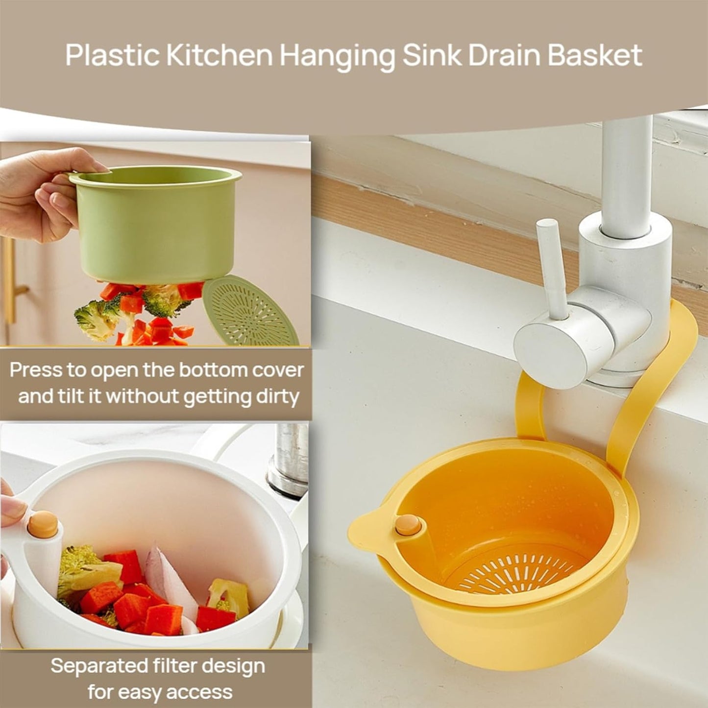 Faucet Hanging Strainer Kitchen Sink Food Waste Catcher Drain Basket, Plastic Kitchen Sink Strainer Automatic Dumping Draining Basket, Food Fruit Vegetable Drain Shelf Sink Storage Holder (Yellow)