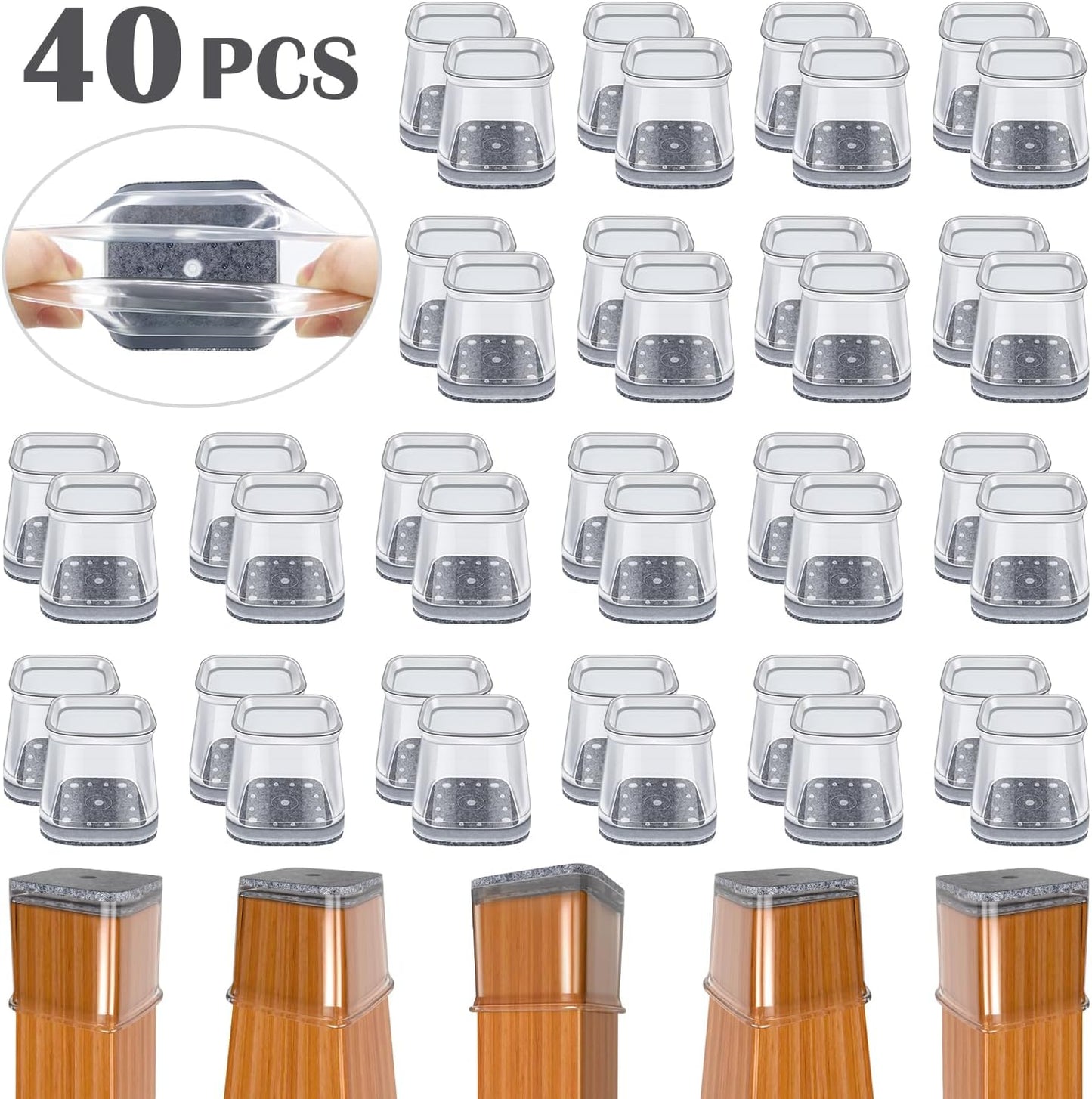 BUMACO Chair Leg Floor Protectors Square Chair Leg Protectors for Hardwood Floors Silicone Pads Covers to Protect Floors Clear-40 Pcs Square L (1-1/16" to 1-5/8")