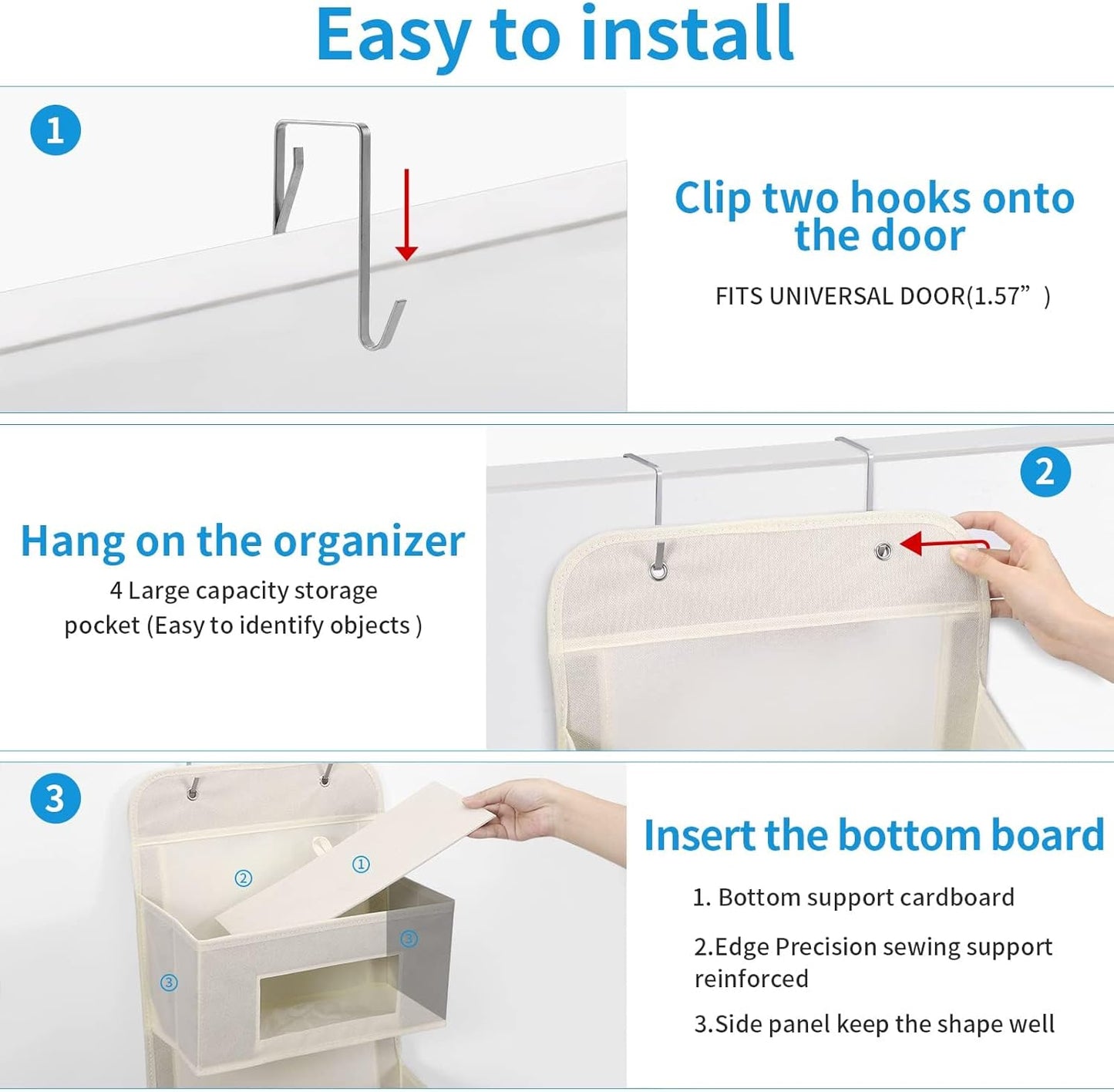 5-Shelf Over The Door Hanging Organizer with 2 Metal Hooks，5 Pocket Over The Door Wall Mount Storage with Clear Windows for Baby Nursery Bathroom Closet,Bedroom,Dorm(Beige-2 Pack)