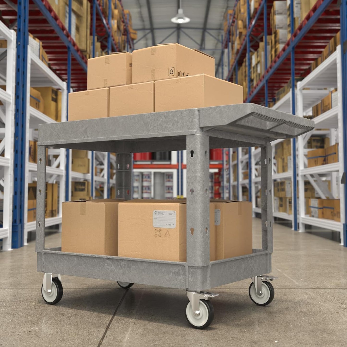 Large Garage Flat Top Utility Cart, Heavy Duty 2 Shelf Tool Cart Service Cart Rolling Push Carts with Ergonomic Handle 5" Swivel Casters.