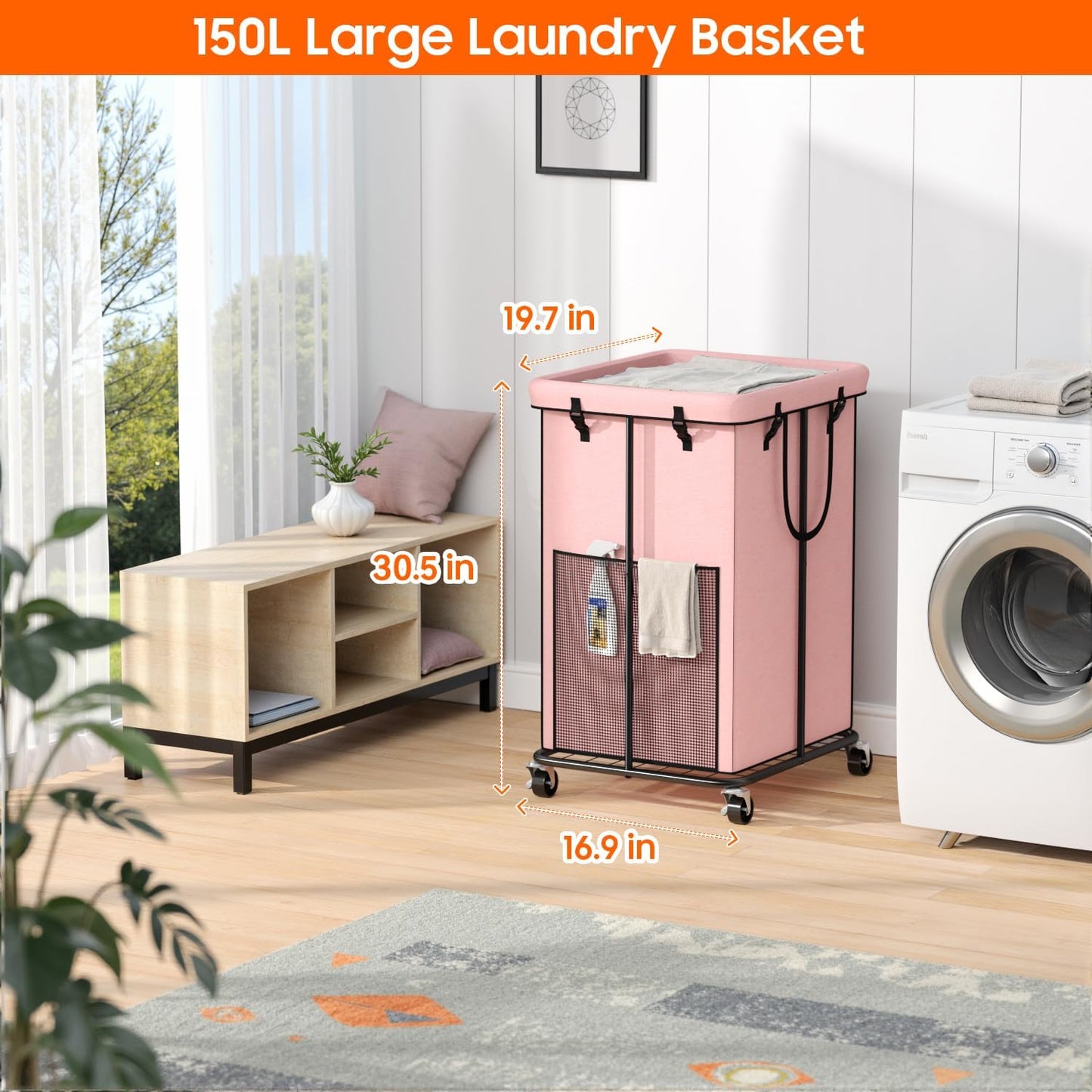 150L Laundry Hamper with Wheels, Rolling Laundry Basket with Metal Frame and Removable Bag, Large & Tall Dirty Clothes Hampers for Bedroom Aesthetic, Laundry Room, Bathroom, Dorm-Pink