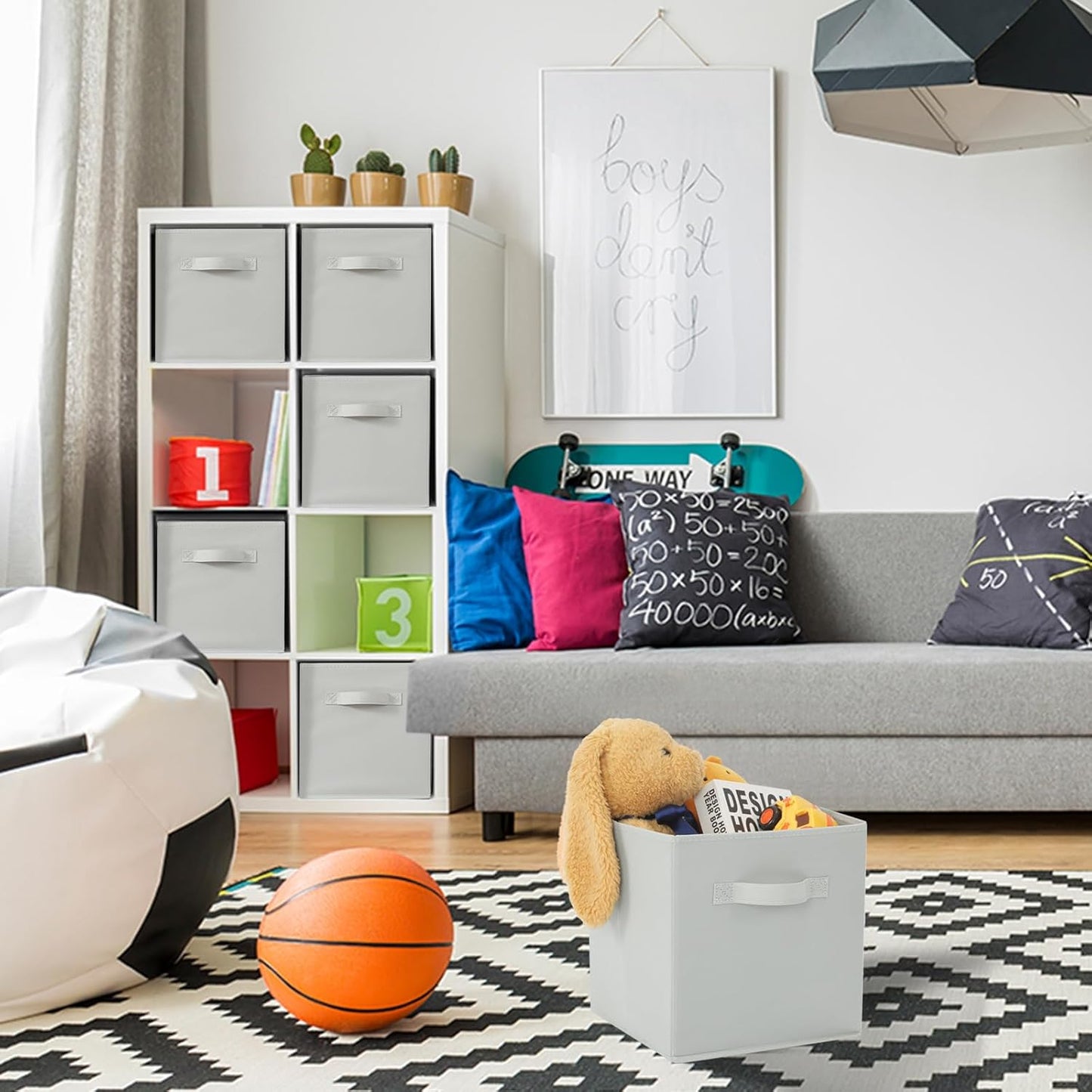 Stero Fabric Storage Bins 6 Pack Fun Colored Durable Storage Cubes with Handles Foldable Cube Baskets for Home, Kids Room, Closet and Toys Organization Gray