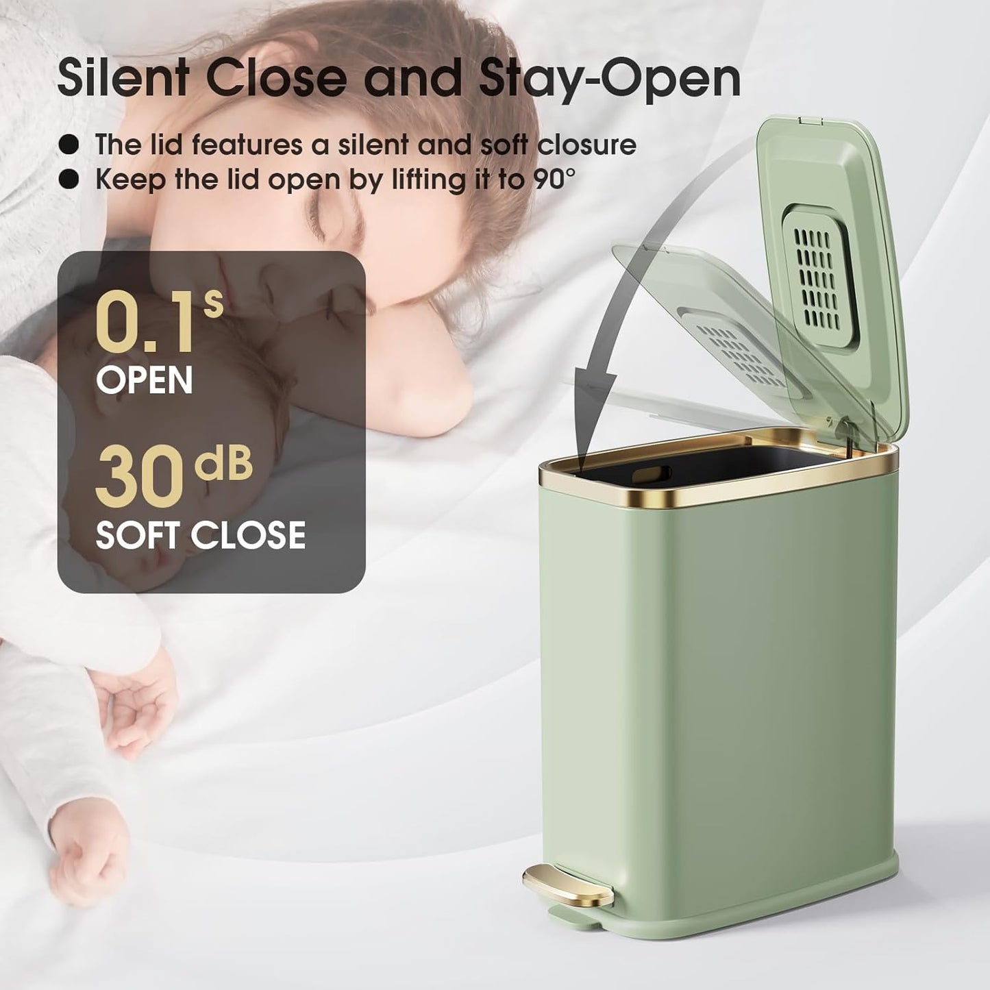 CEROELDA Small Bathroom Trash Can with Lid Soft Close-5L/1.3 Gal Slim Garbage Can-Metal Step Wastebasket-Rectangle Narrow Waste Bin for Office, Bedroom, Toilet, Live Room (Green)