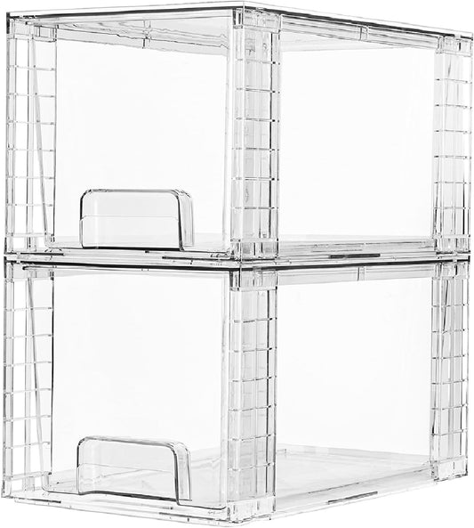 Vtopmart 2 Pack Large Stackable Storage Drawers,Clear Acrylic Drawer Organizers with Handles, Easily Assemble for Bathroom,Kitchen Undersink,Cabinet,Closet,Makeup,Pantry organization and Storage