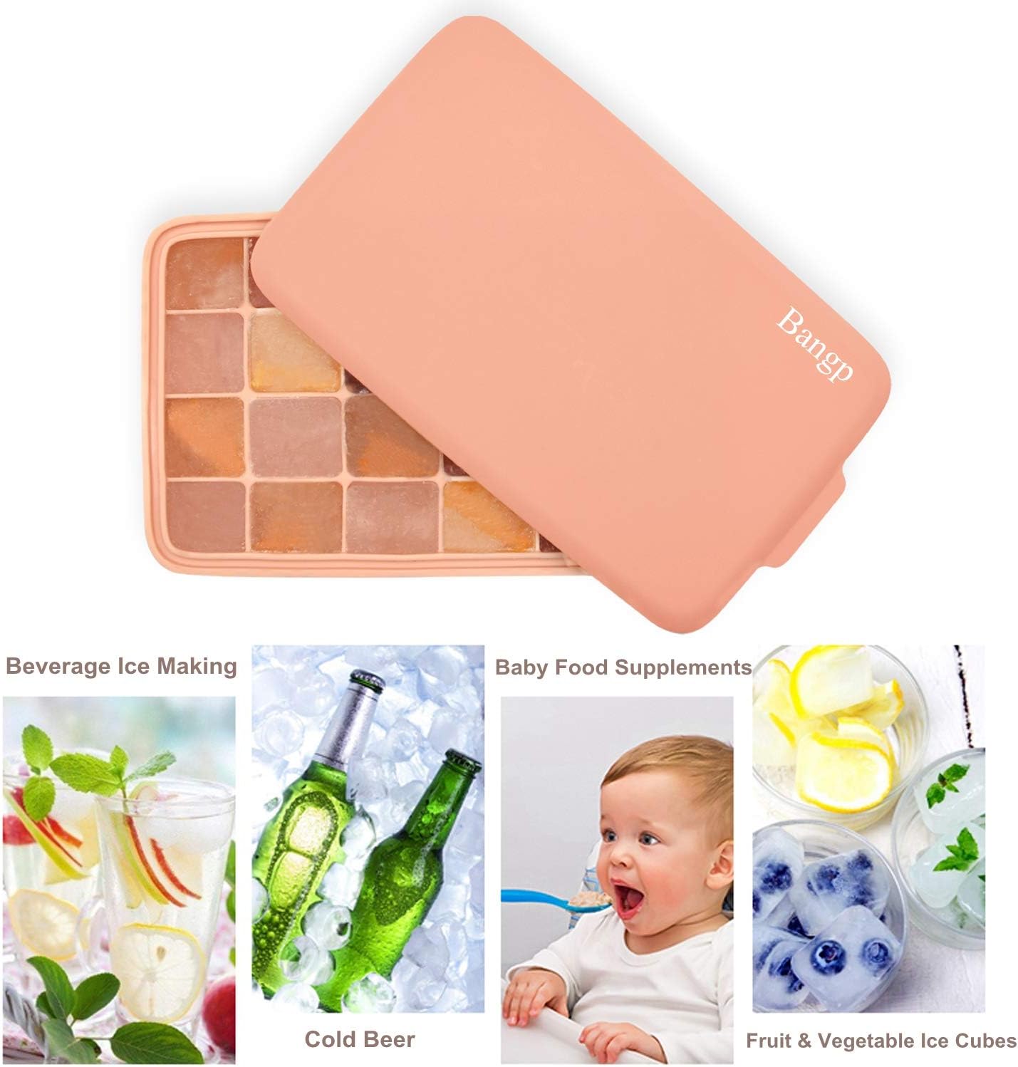 Bangp Premium Ice Cube Trays 2 Pack,Easy-Release Silicone Ice Cube Tray,24 Ice Cube Trays for Freezer With Lid,Ice Trays for Freezer, Stackable & BPA Free,for Chilled Food,Whiskey,Cocktail,Drinks