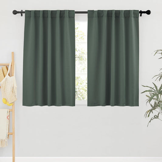 RYB HOME Small Window Curtains Blackout, Privacy Thermal Insulating Drapes for Bedroom Bathroom Basement Cafe Classroom Window Decor, W 34 x L 45 inches, Dark Green, 2 Panels