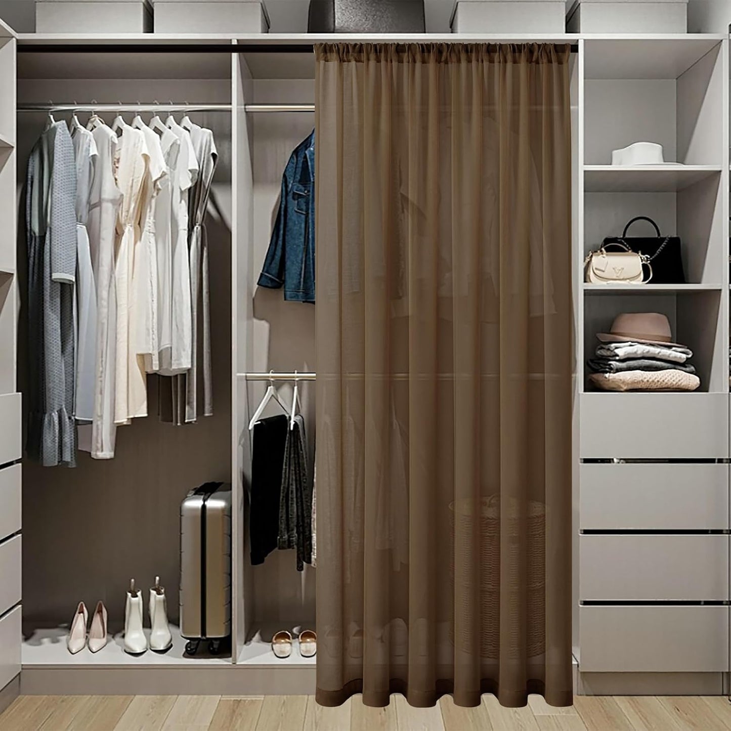 Tollpiz Sheer Door Curtain Closet Linen Textured Curtain Sheers Doorway Light Filtering Voile French Door Rod Pocket Curtains Patio Glass Door, 25 x 80 inches Long, Brown, Set of 1 Panel