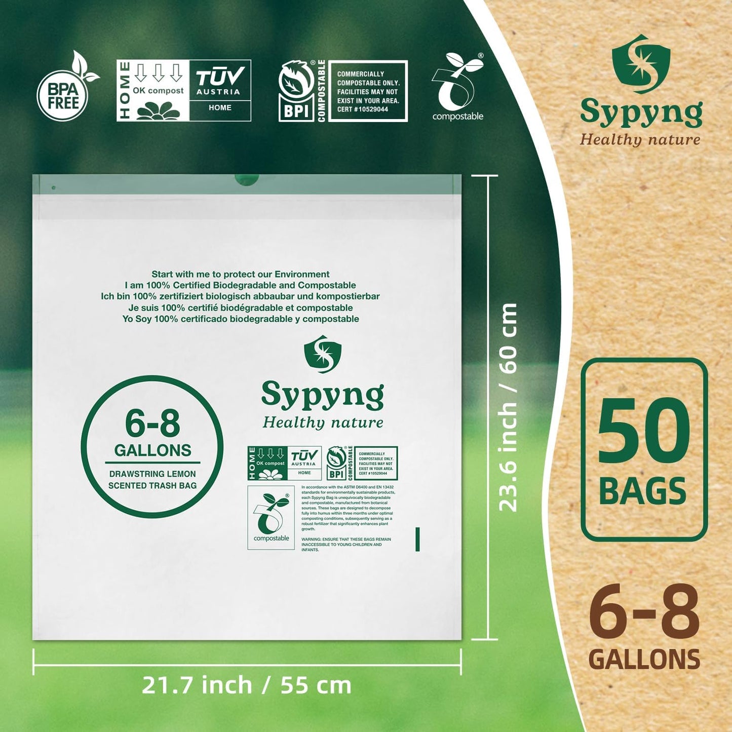 Compostable Trash Bags 6-8 Gallon (50-Pack) – Heavy Duty, 1.1 Mil Thick, 100% Biodegradable Kitchen Waste Bags for Medium Bins | ASTM D6400, BPI & OK Compost HOME Certified, Eco-Friendly & Recyclable