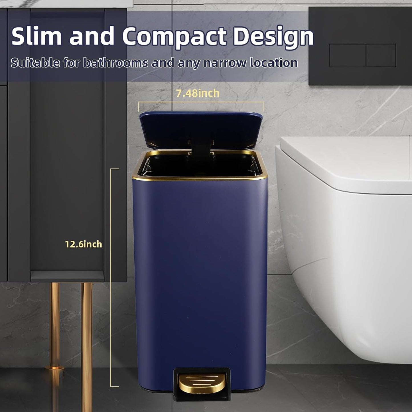 Small Bathroom Trash Can with Lid Soft Close, 1.8 Gallon Stainless Steel Garbage Can with Removable Inner Bucket,80Count Trash Bags, Slim Step Pedal Trash Bins
