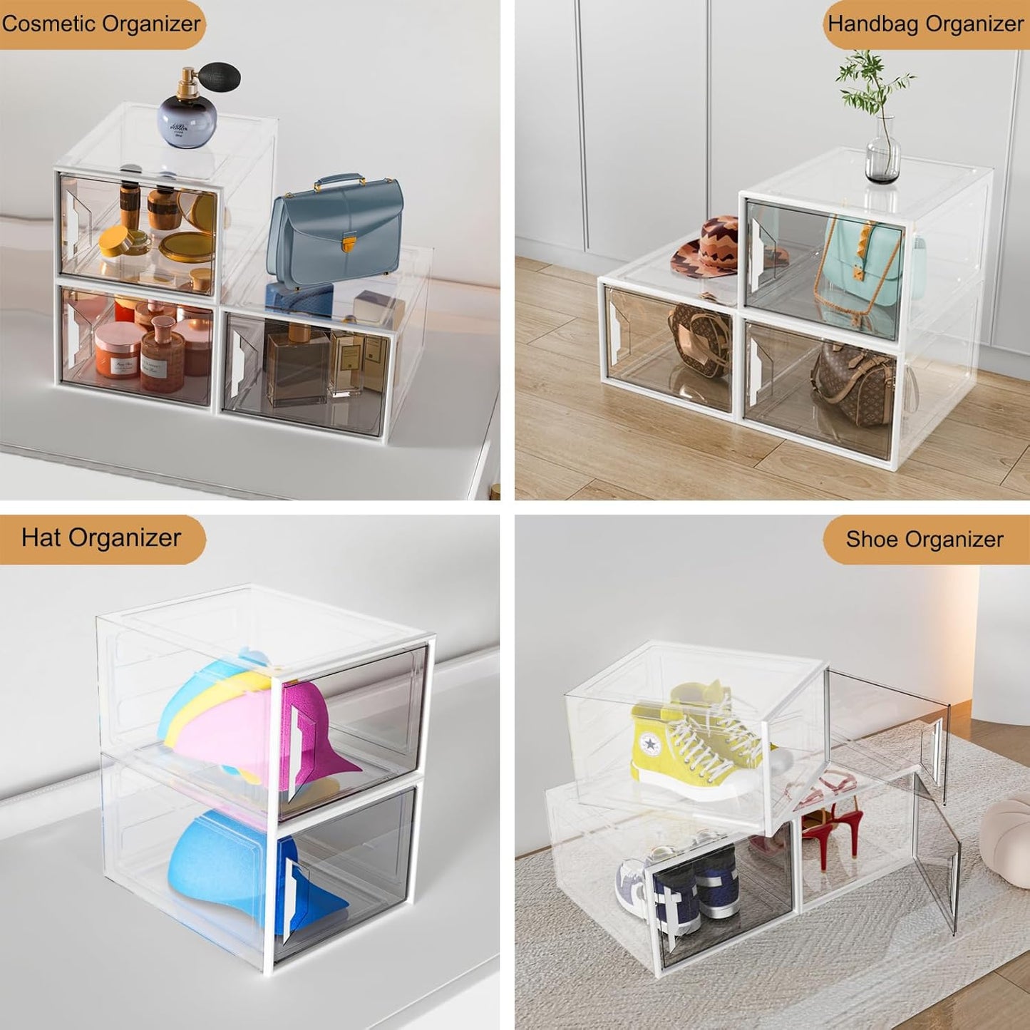 X-Large Stackable Shoe Boxes - Clear Plastic Shoe Storage Boxes with Magnetic Door, Thicken Shoe Organizer for Closet, Space Saving Foldable Shoe Containers Bins for Sneaker Boot - 8 Pack(White)