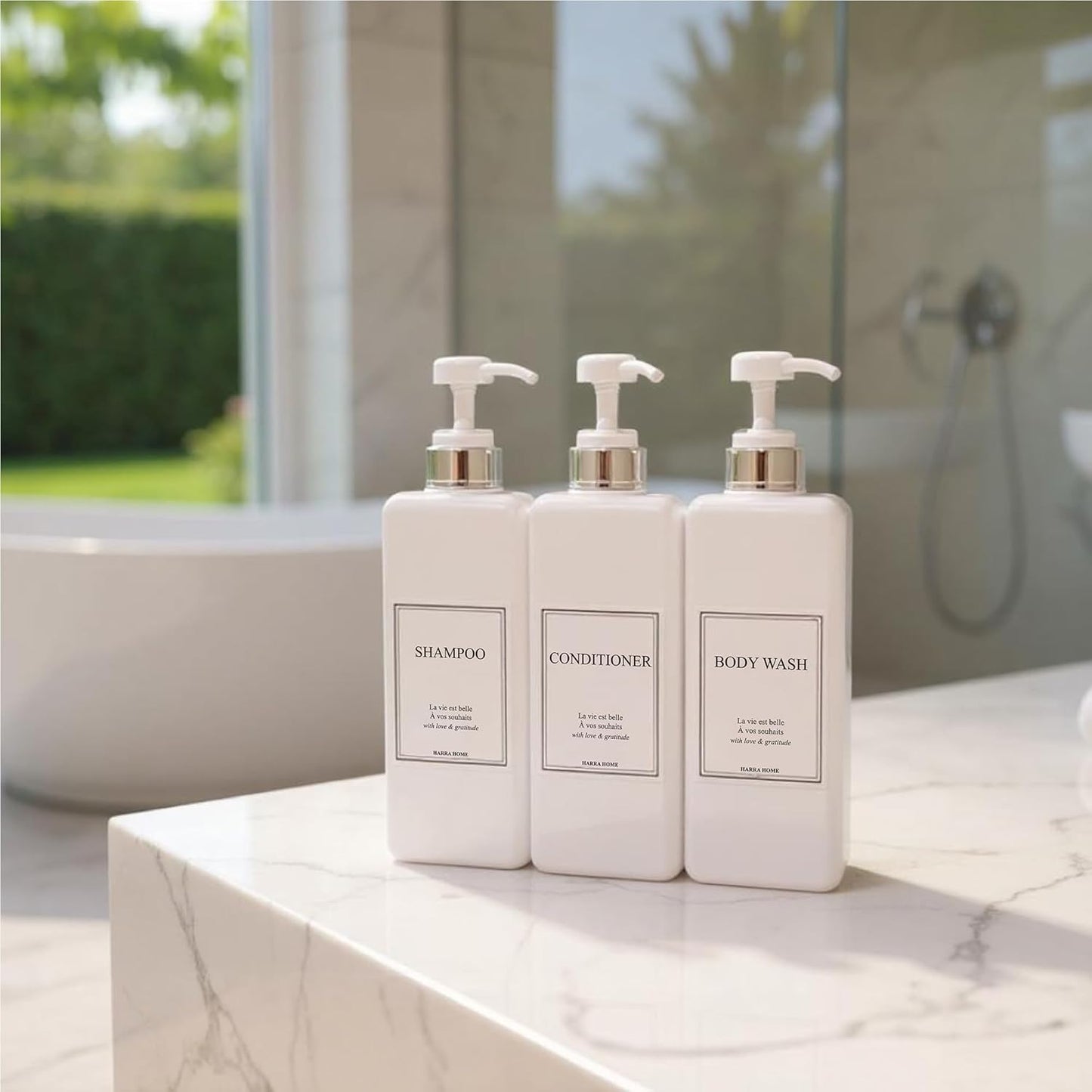 Modern Design Large 27 oz Shampoo and Conditioner Dispensers - Empty Plastic Refillable Pump Bottle Set for Bathroom Shower Soap Dispenser, Set of 3 (White & Silver)