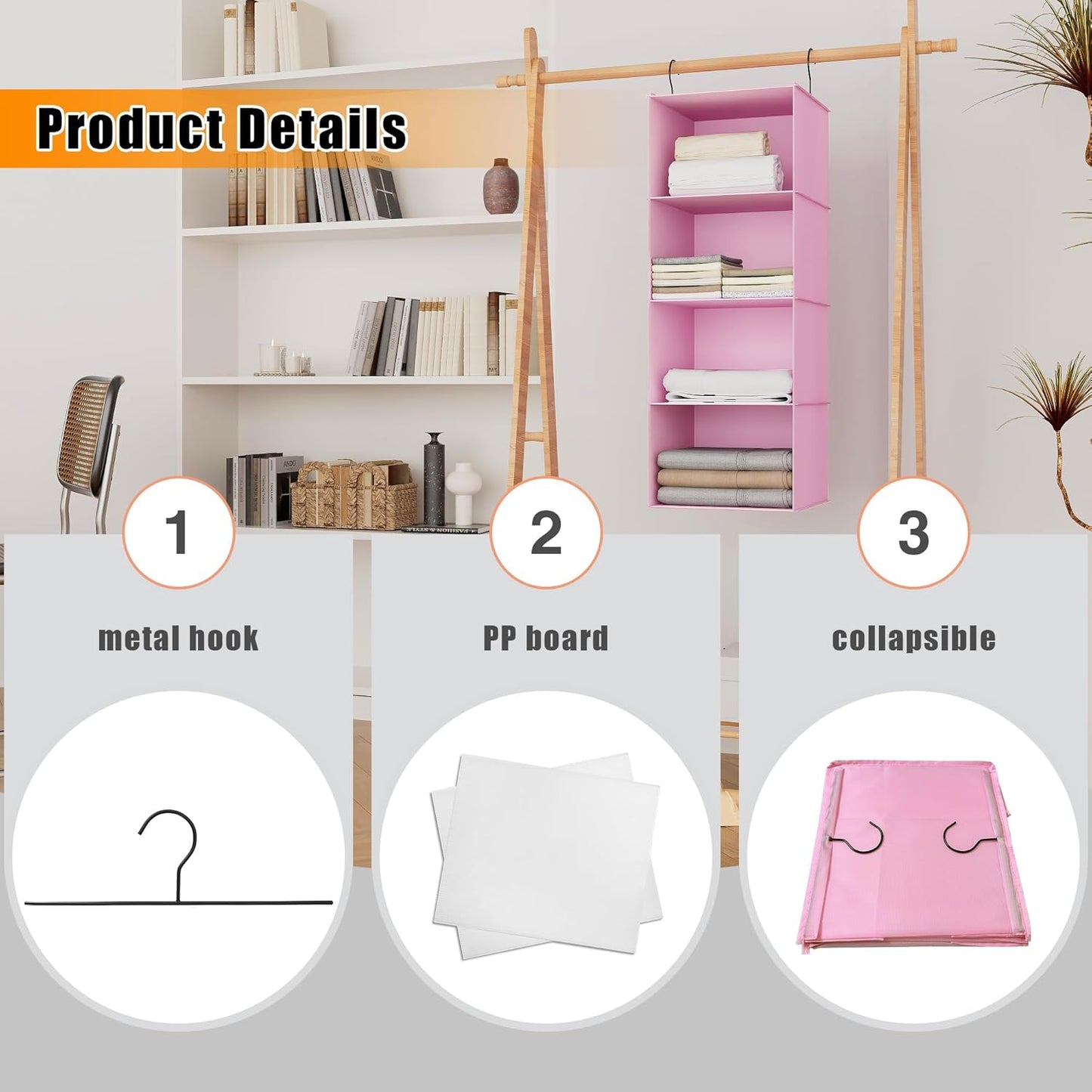 Hanging Closet Organizer, Easy Mount Foldable 4-Shelf Hanging Closet Wardrobe Storage Shelves, Clothes Handbag Shoes Accessories Storage, Washable Oxford Cloth Fabric, Pink