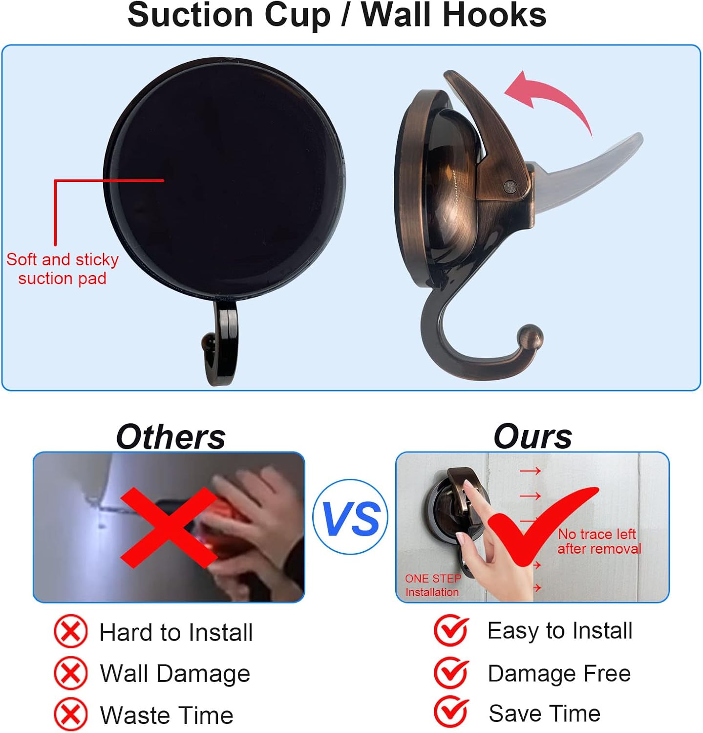 Heavy Duty Vacuum Suction Shower Hooks, Glass Suction Cup, for Bathroom Robe and Garland Decoration (2 Pack, Antique Brass)