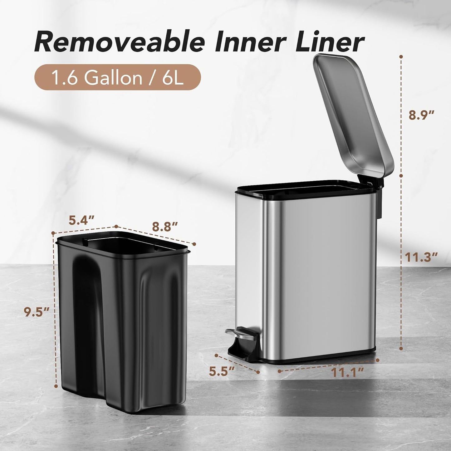 Small Trash Can with Lid Soft-Close, 6 L/1.6 Gal Bathroom Garbage Can with Removable Inner Bucket, Step Pedal, Stainless Steel Wastebasket for Kitchen, Bathroom, Bedroom, Office, Silver