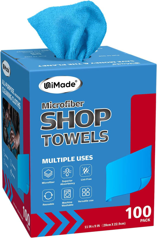 Shop Towels, 100 Sheets Microfiber Cleaning Cloth Commercial Grade Washcloths Lint-Free Bulk Shops Rags for Cars Mechanic Restaurant Garage Housekeeping, 11"x 9", Blue