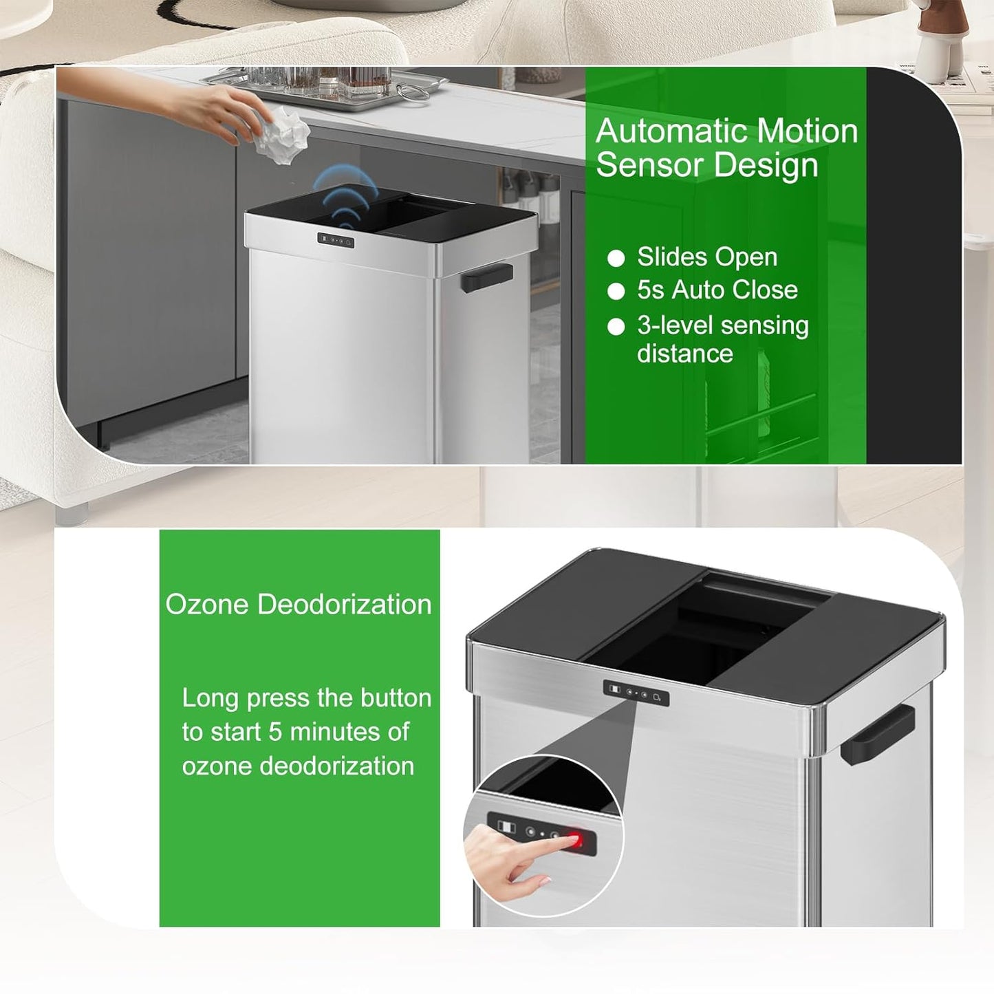 19 Gal Kitchen Automatic Motion Sensor Trash Can with 2 Recycling Dustbin(50L+22L),Ozone Odor Control Stainless Steel Garbage Can with Slide-Open Lid