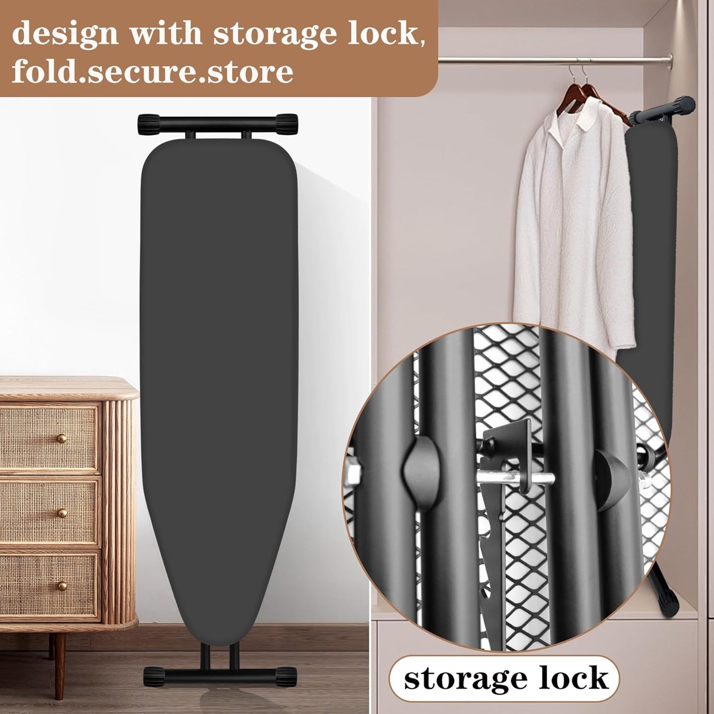 Ironing Board, Compact and Space Saver,Size 13 x 43, Metal Construction Ironing Board with Extra Thick Heavy Duty Padded, Stable Structure,Skid Feet, Heavy Duty Steel Legs,Black