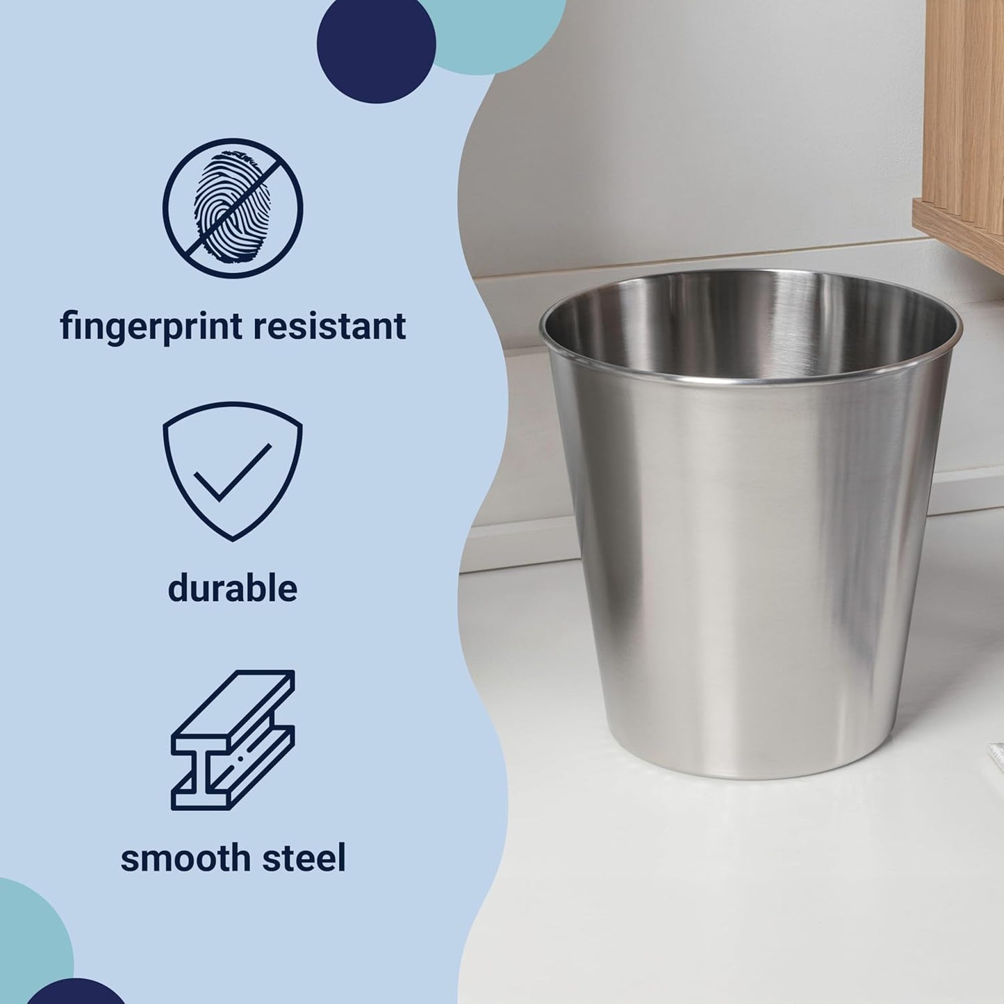 happimess HPM1113C Nolan Modern Classic Smooth Steel 2-Gallon Wastebasket for Home, Bathroom, Living Room, Office, Bedroom, Kitchen, Brushed Steel