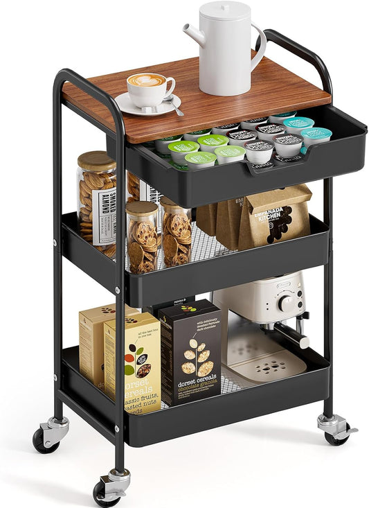 TOOLF 3-Tier Utility Rolling Cart with Wooden Board and Drawer, Metal Storage Cart with Handle, Black Trolley Kitchen Organizer Rolling Desk with Locking Wheels for Office, Classroom, Home, Bedroom