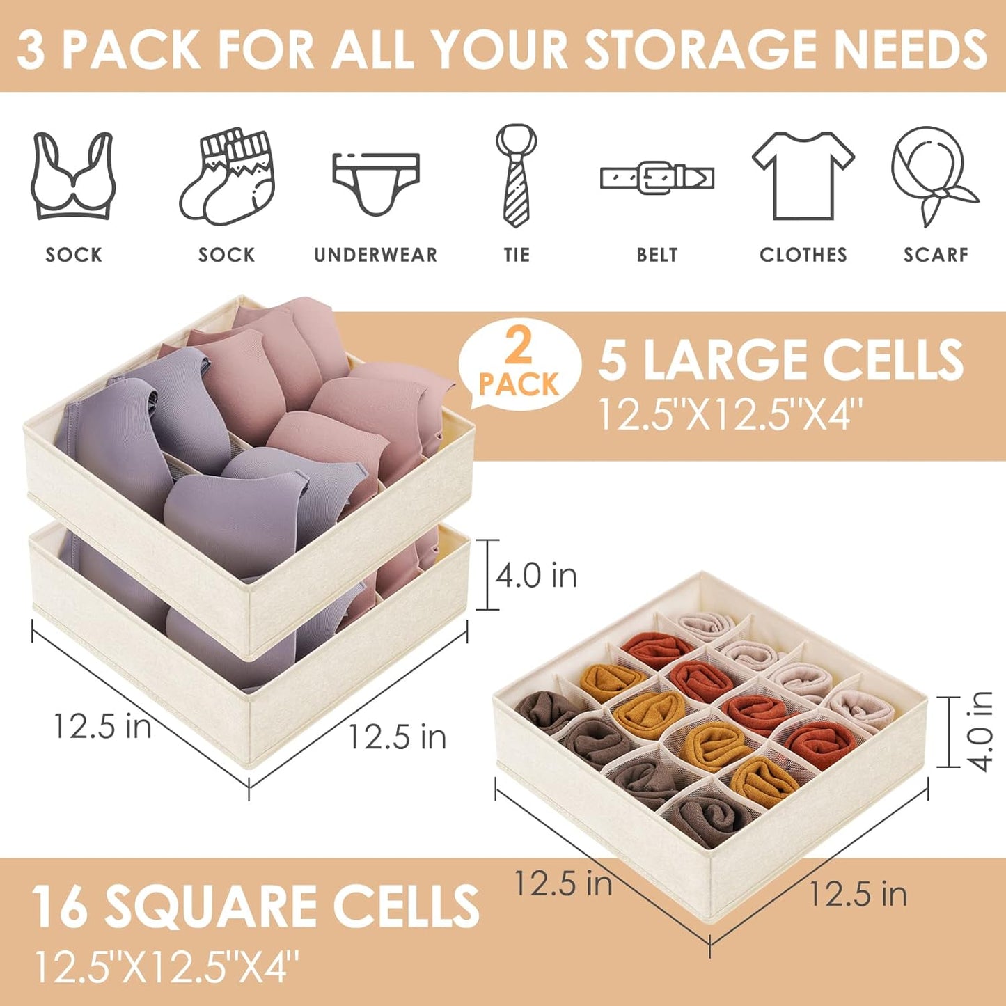 3 Pack Bra Underwear Drawer Organizer Dividers, 26 Cell Fabric Foldable Dresser Closet Organizers and Storage Boxes for Baby Clothes, Bra, Socks, Underwear, Ties (5+5+16 Slots, Beige)