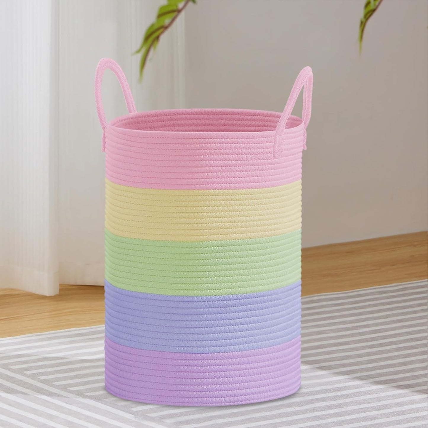 VIPOSCO Large Laundry Hamper, Tall Woven Rope Storage Basket for Blanket, Toys, Dirty Clothes in Living Room, Bathroom, Bedroom - 58L Rainbow