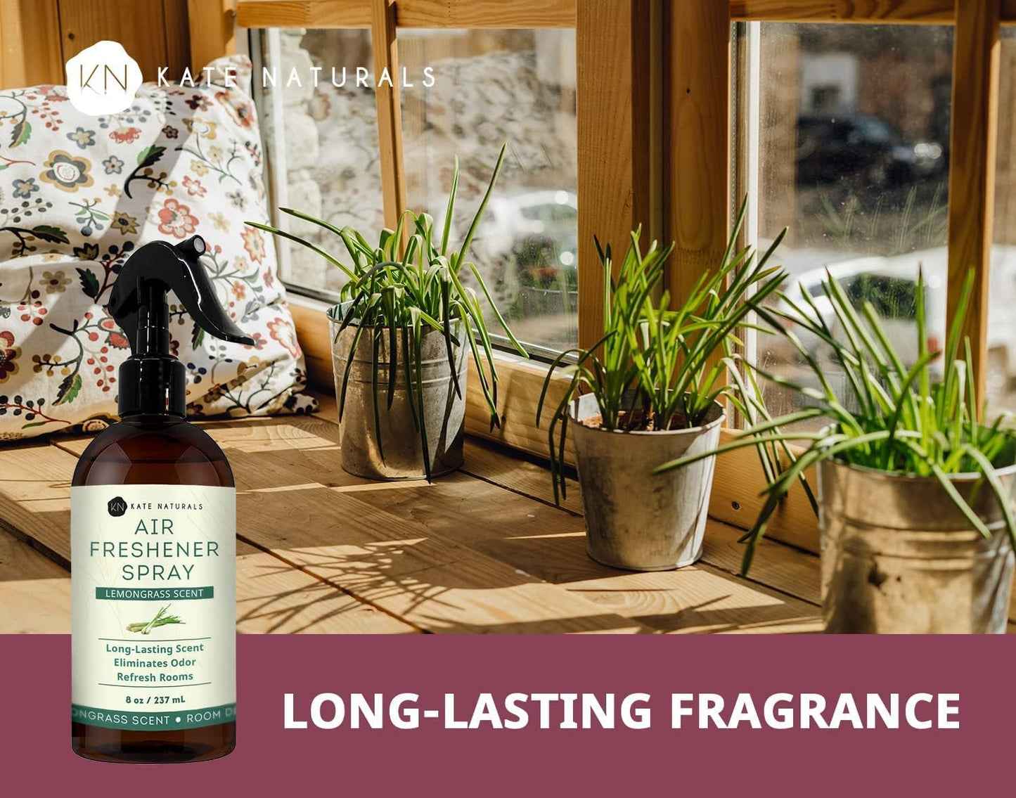 Kate Naturals Air Freshener Spray for Home. Lemongrass Essential Oil Odor Eliminator Room Freshener Spray for Pillows, Bedding, Linen (8 fl oz, Pet Safe, Non-Toxic)