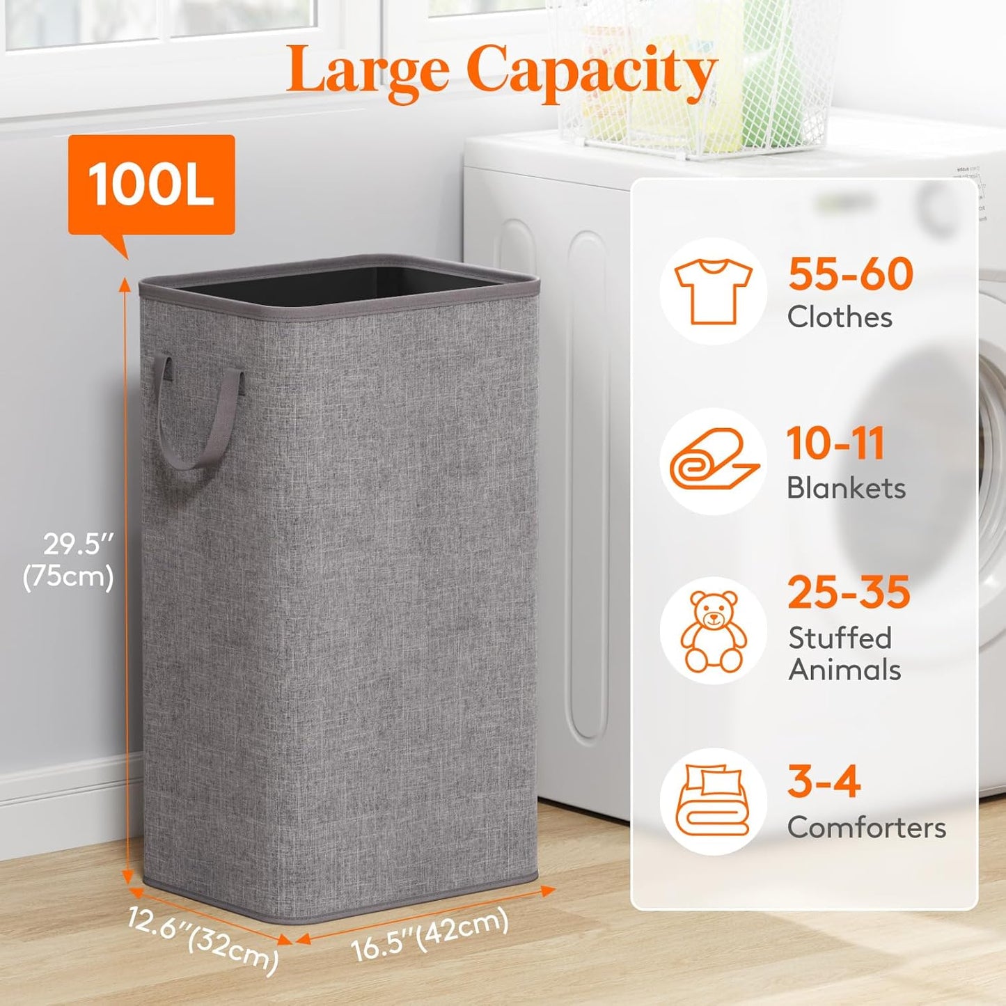 Lifewit 100L Large Tall Laundry Hamper, Collapsible Laundry Basket with Handles, Foldable Clothes Hampers for Laundry, Portable Dirty Clothes Hamper for Dorm College Bedroom Bathroom, Light Gray