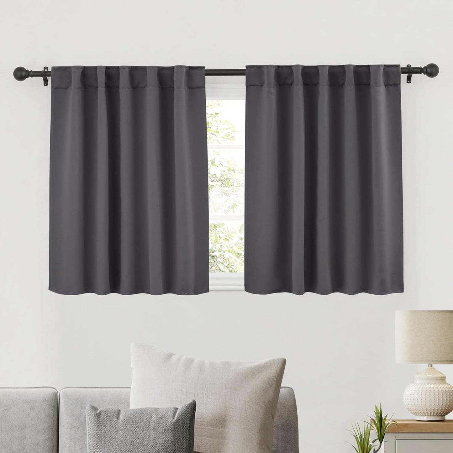 RYB HOME Blackout Curtains for Kitchen, Room Darkening Half Window Treatment Energy Saving Privacy Valances Tiers for Bedroom Bathroom Dining Room, Grey, W42 x L36 inch, 2 Panels