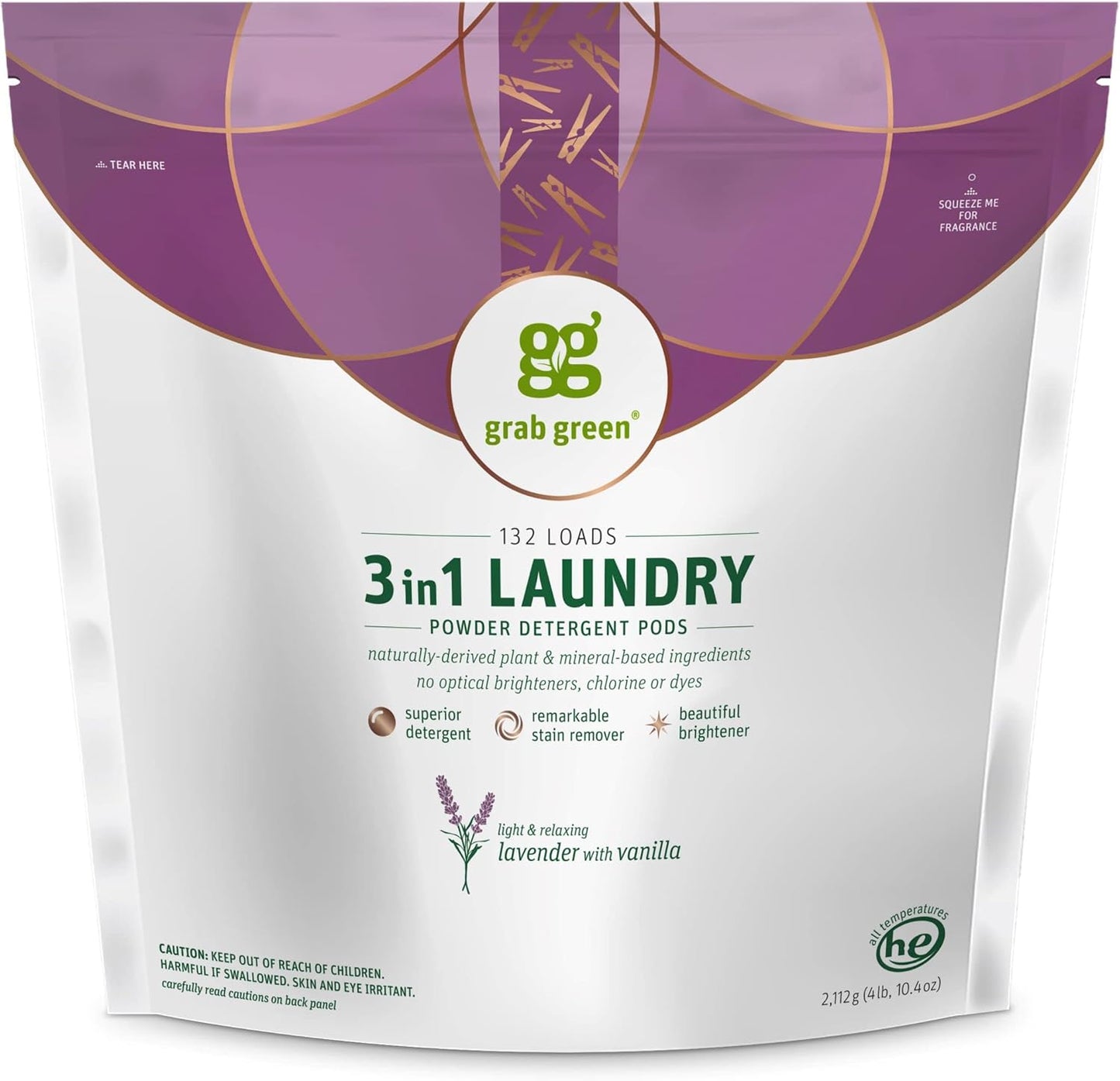 Grab Green 3-in-1 Laundry Detergent Pods, 132 Count, Lavender Vanilla Scent, Plant and Mineral Based, Superior Cleaning Power, Stain Remover, Brightens Clothes