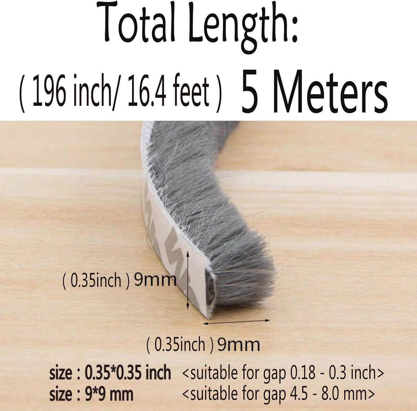 Self-Adhesive Pile Weather Stripping Seal for Sliding Windows and Door Frames, 16.5ft x 11/32 inch, Grey