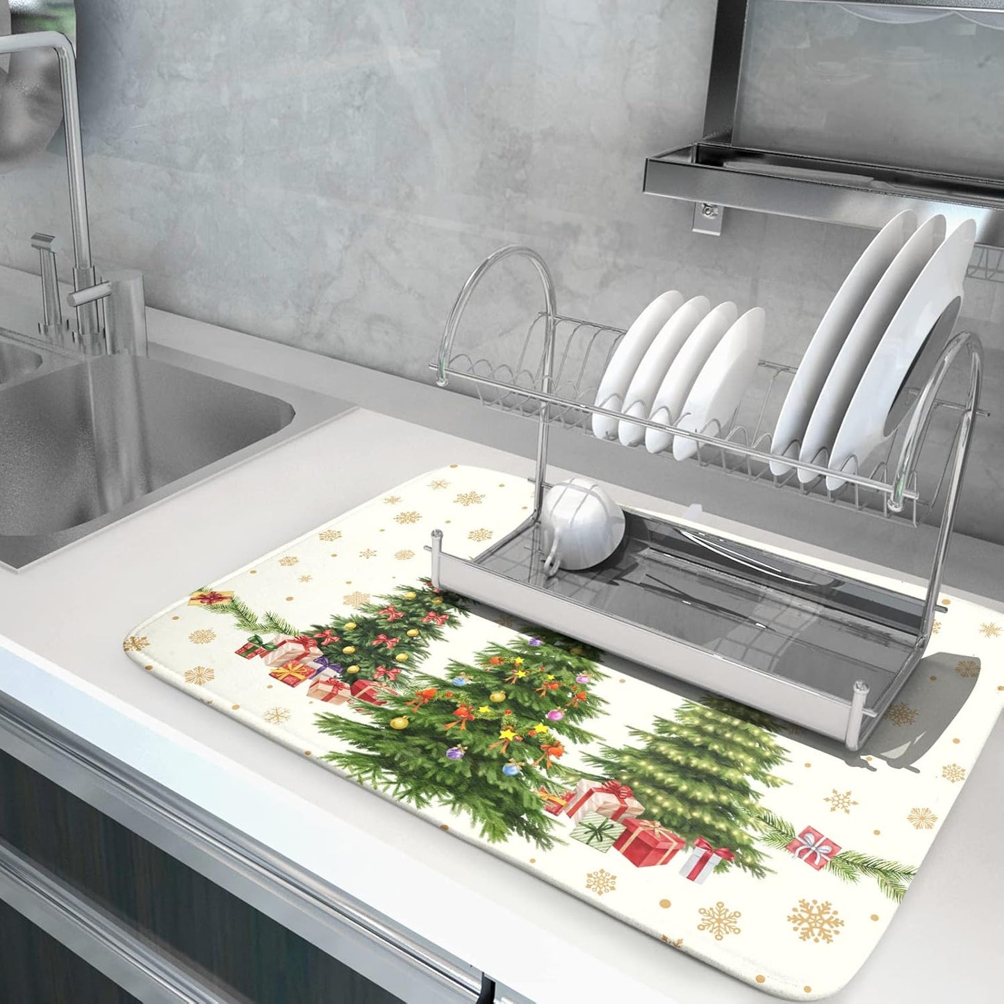 Christmas Tree Dish Drying Mat 18x24 for Winter Xmas Tree Snowflake Kitchen Counter Decor Absorbent Reversible Microfiber Xmas Tree Dishes Pad Dish Drainer Rack Mats Kitchen Accessories