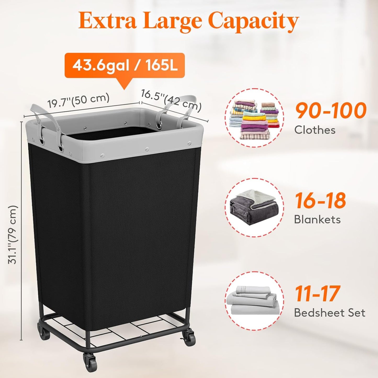 Lifewit 165L Laundry Basket with Wheels, Large Heavy Duty Commercial Rolling Laundry Hamper with Handles, Tall Steel Frame Laundry Cart for Laundry Room Bedroom Hotel Home Dorm, Black
