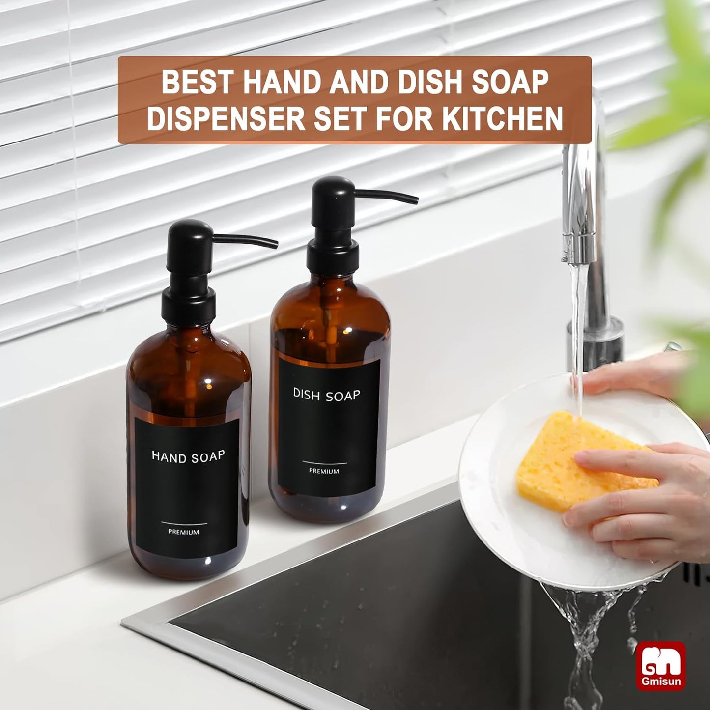 GMISUN Amber Glass Soap Dispenser, 2 Pack Bathroom Hand Soap Dispensers with Stainless Steel Pump, 17 Fl Oz Kitchen Hand and Dish Soap Dispenser Set, Modern Vintage Liquid Brown Soap Dispensers Bottle