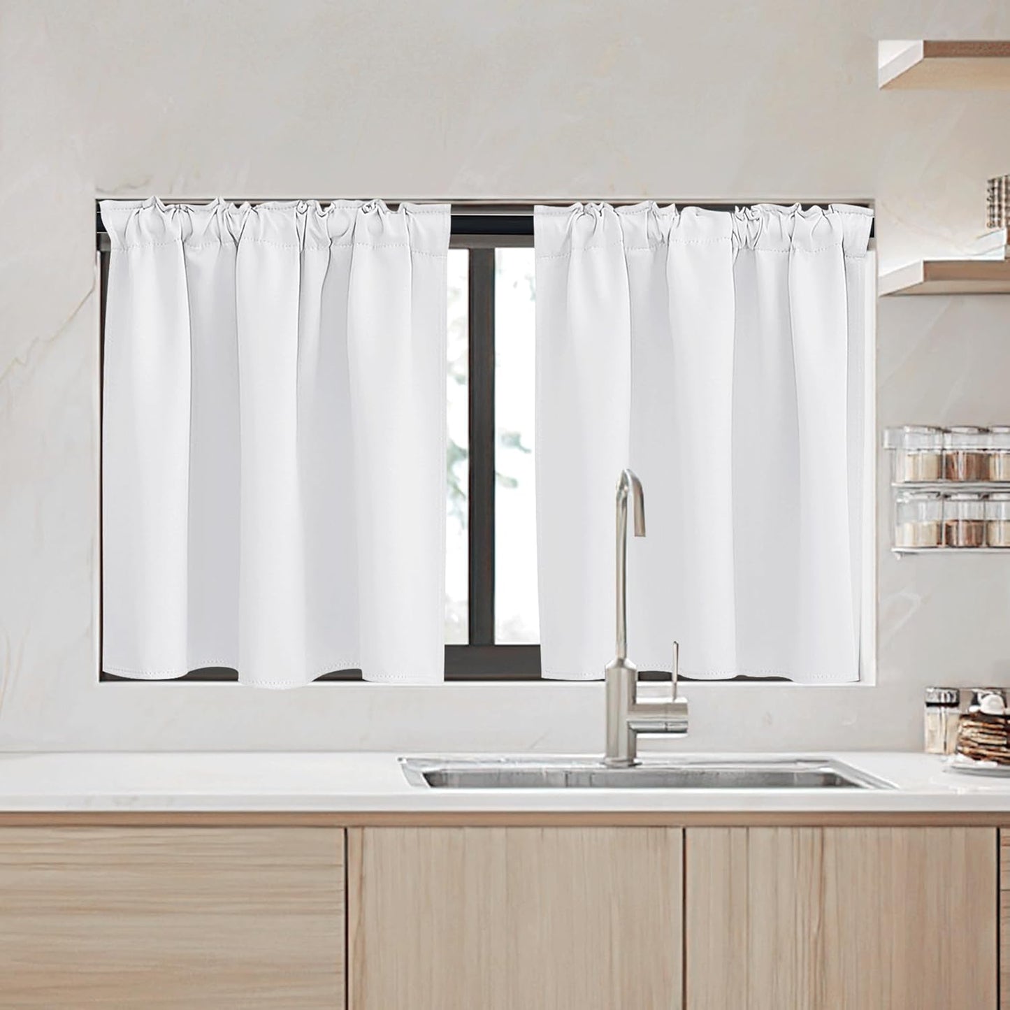 RYB HOME Kitchen Window Curtains - Blackout Privacy Half Window Curtains for Bedroom Bathroom Dining Living Room Cafe Office Short Tiers Drapes, W 34 x L 36 inches, 2 Panels, Pure White