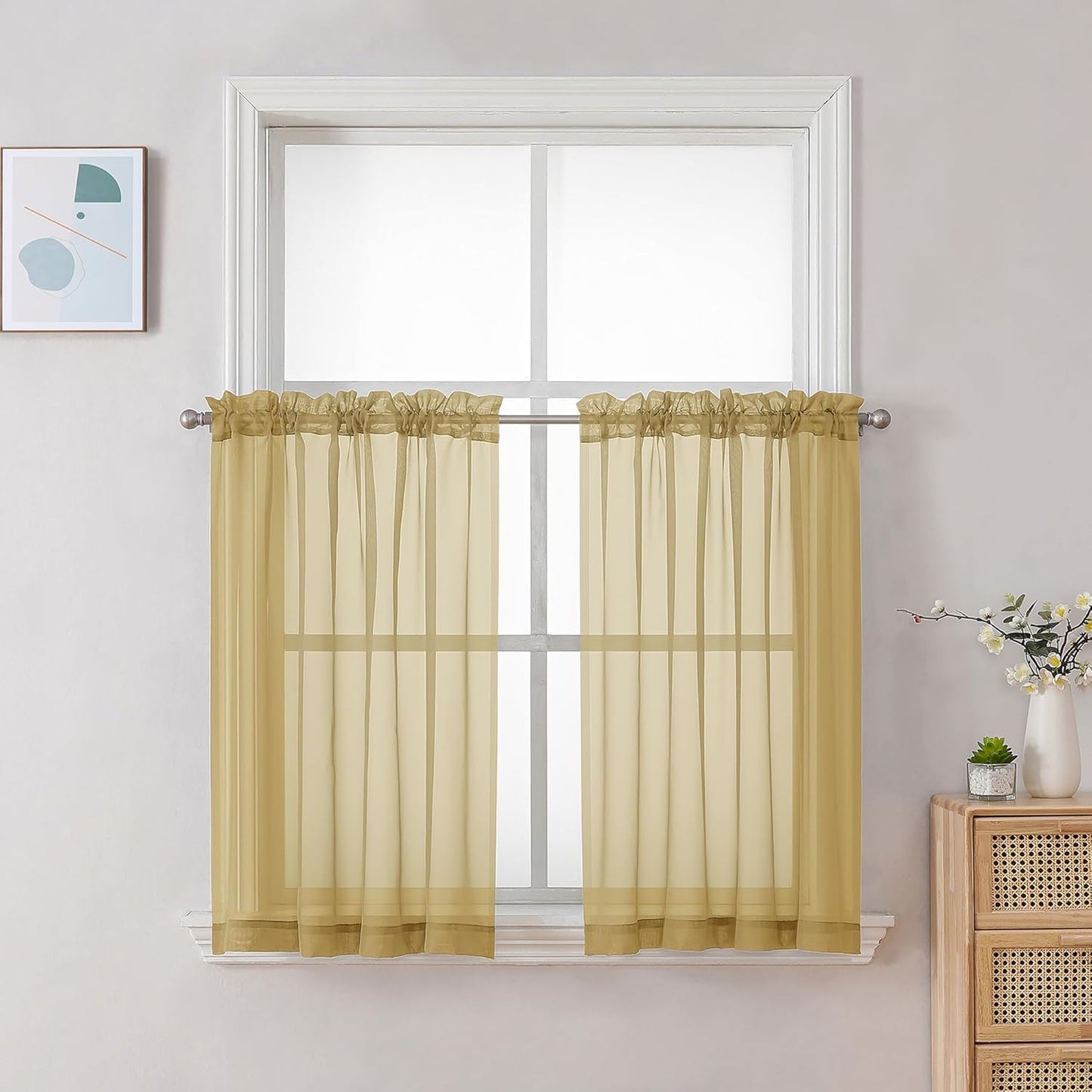 Chyhomenyc Sheer Gold Kitchen Tier Curtains 24 Inch Length Set, Small Window Curtains Treatment for Bathroom/Living Room/Cafe/Basement, Short Voile Curtain Tiers 42in x 24in, Rod Pocket, 2 PCS
