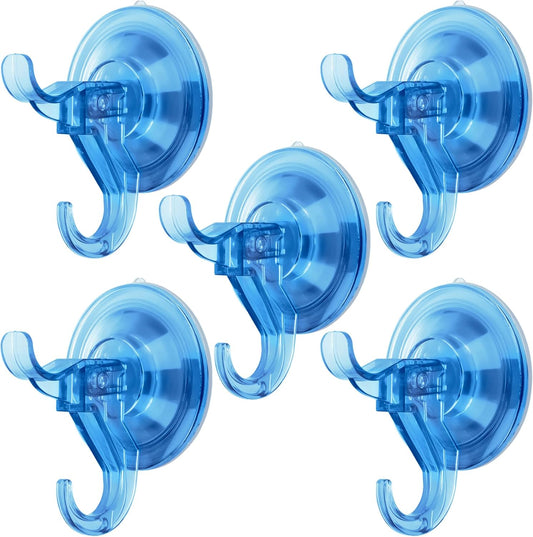 Antimbee Suction Hooks, 5 Pack Clear Hanger, Removable Small Suction Cups for Shower, Bathroom, Glass, Door, Windows, Kitchen - Up to 11 lbs on Smooth Surface - 2 Hooks Design (Transparent Blue)