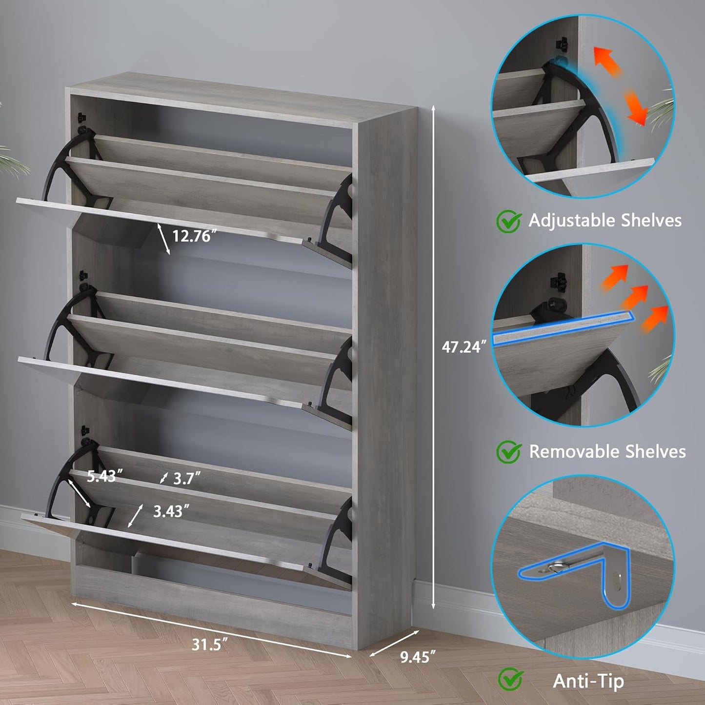 Shoe Cabinet with 3-Flip Mirror Drawers, Freestanding Shoe Rack Organizer with Hidden Handle, Slim Narrow Shoe Storage Cabinet for Entryway, Entrance, Hallway, Bedroom